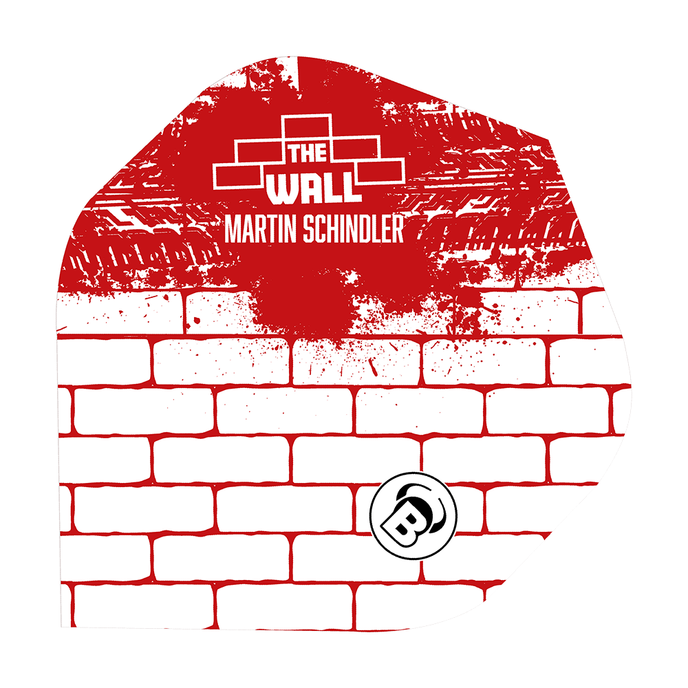 Vuelos estándar Bulls Metrixx Martin Schindler White Red No2 Das Bild zeigt ein Dart-Flight mit einem weißen Ziegelmuster und roten Farbspritzern. Oben steht „THE WALL MARTIN SCHINDLER“ und unten ist ein „B“-Logo abgebildet.