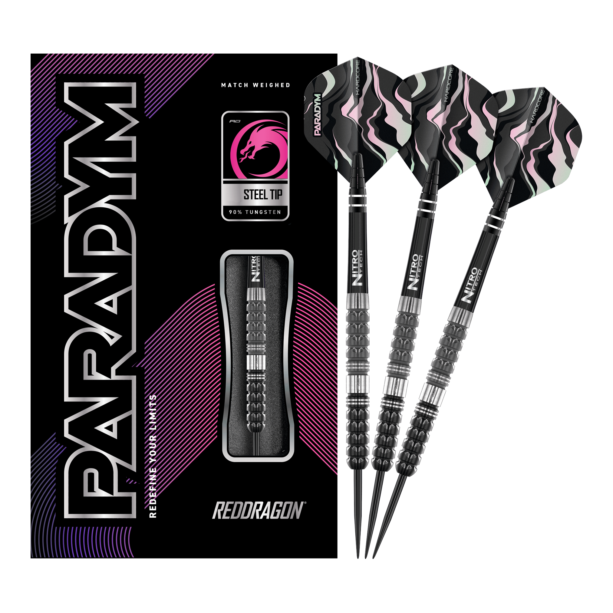 Dardos de acero cónicos Red Dragon Paradym Das Bild zeigt das Produkt "Red Dragon Paradym Tapered Steeldarts" mit einer schwarzen Verpackung und drei Steeldarts. Die Darts haben schwarze, silberne und rosafarbene Details sowie auffällige Flights.