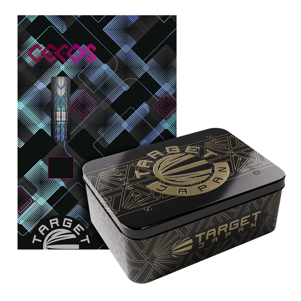 Dardos blandos Target Japan Kaze Series Ceros 03 - 19 g Das Bild zeigt die "Target Japan Kaze Series Ceros 03 Softdarts - 19g" in einer dekorativen Verpackung. Neben der bunten Kartonverpackung steht eine elegante schwarze Metallbox mit goldenen Verzierungen.