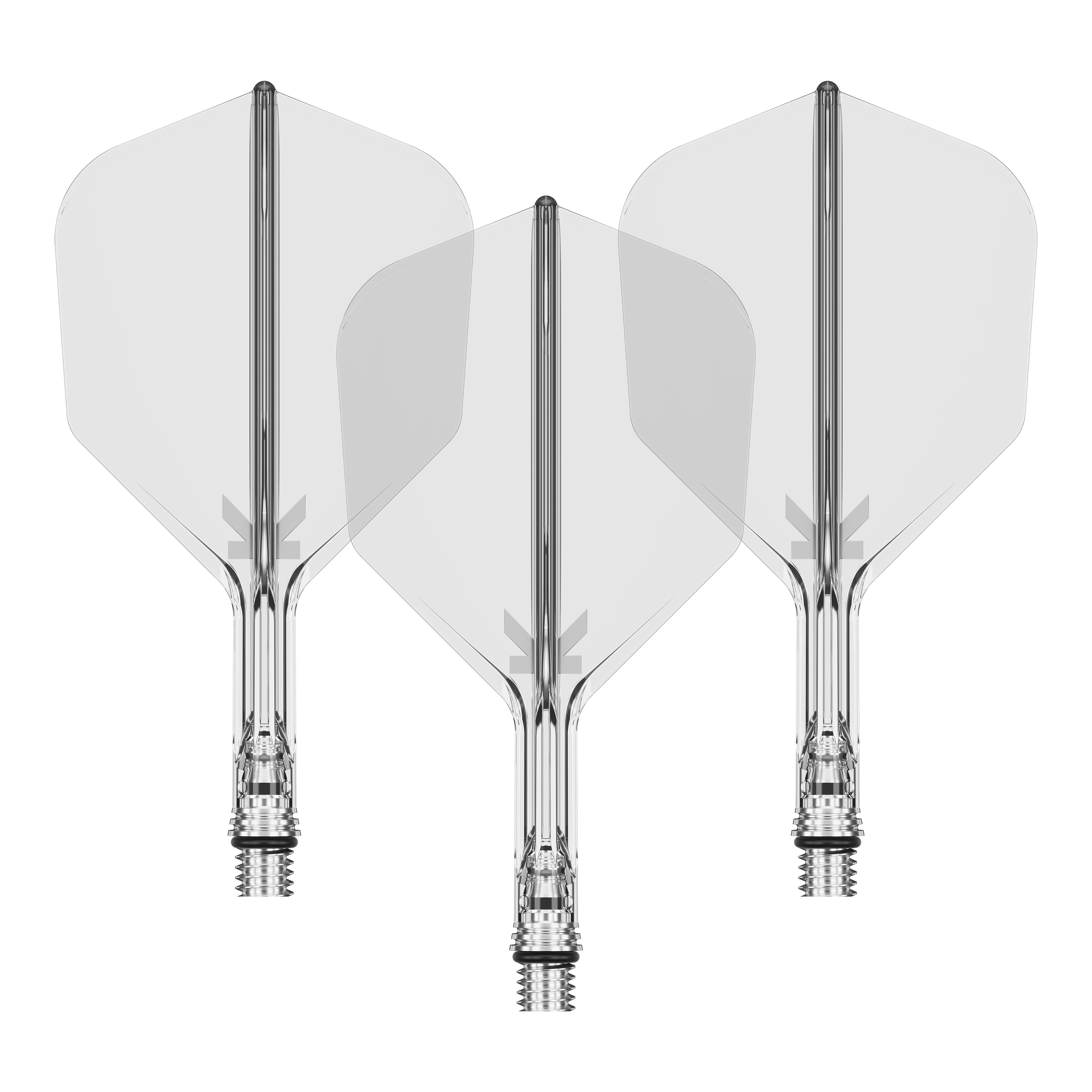 Ein Set von Target KShift No6 Dart-Flights in klarer, durchsichtiger Optik, 19 mm lang. Die Abbildung zeigt mehrere Flights als Set.