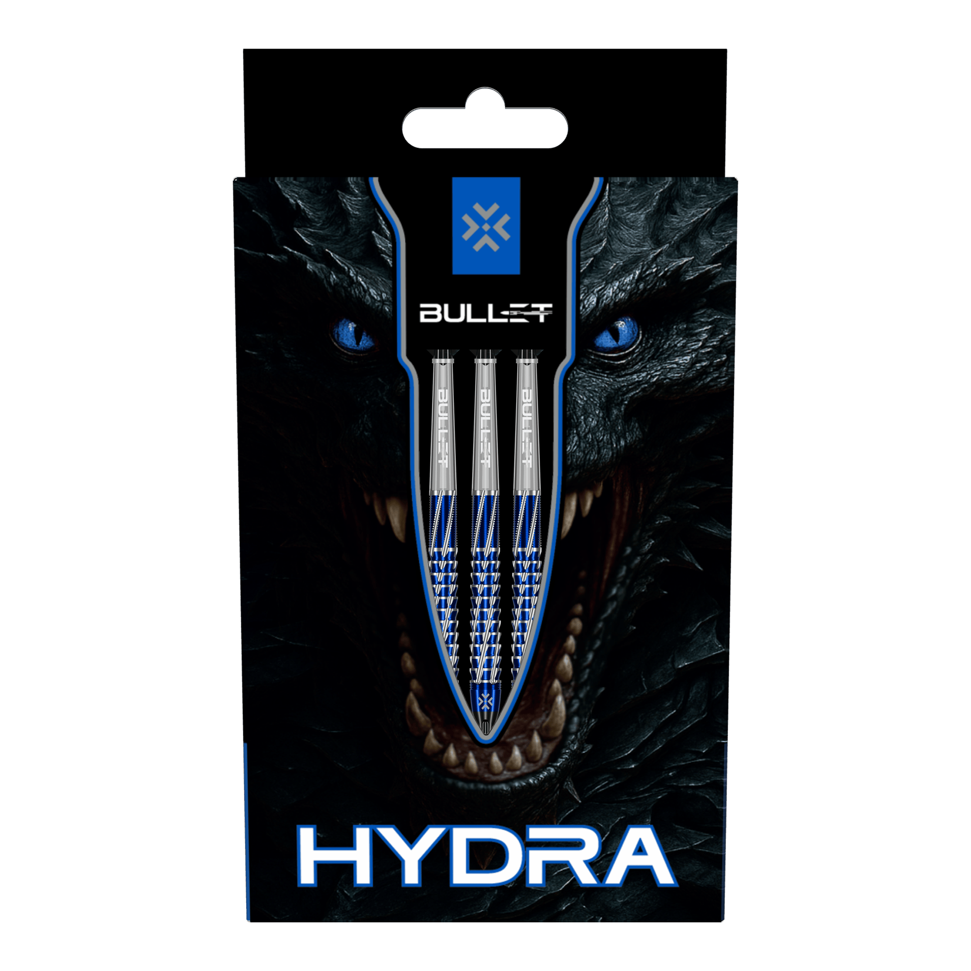 Dardos suaves Bullet Hydra - 20 g Bullet Hydra Softdarts - 20g Darts werden aus der seitlichen Perspektive gezeigt. Die Details der Dartspitzen und der Schäfte sind deutlich erkennbar.