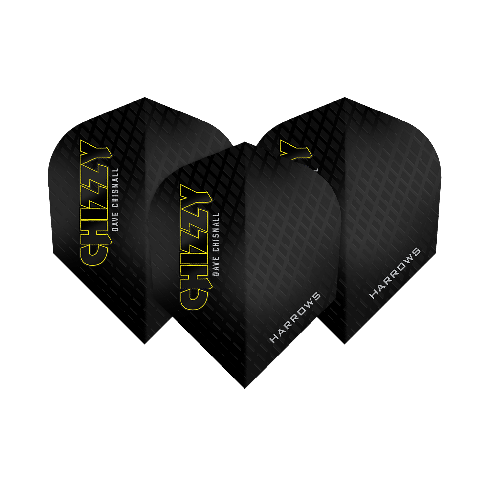 Vuelos de la serie Chizzy de Dave Chisnall de Harrow, 3 Das Bild zeigt drei Dartflights der Marke Harrows aus der Dave Chisnall Chizzy Series 3. Die Flights sind schwarz mit gelbem Schriftzug „CHIZZY“ und verfügen über ein dezentes Rautenmuster.