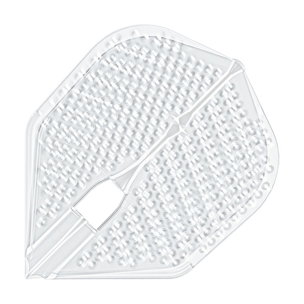 Plumas estilo L Dimple Champagne Forma L3PRO Das Bild zeigt ein durchsichtiges Dartflight mit einer dimpled (genoppten) Oberfläche. Es handelt sich um das Produkt "L-Style Flights Dimple Champagne L3PRO Shape".