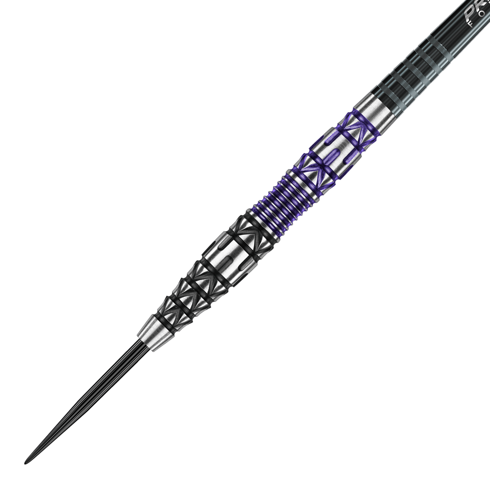 Dardos de acero Winmau Simon Whitlock Edición Especial 2020 Das Bild zeigt einen Winmau Simon Whitlock Special Edition 2020 Steeldart. Der Dart hat ein auffälliges Design mit schwarzen, silbernen und violetten Elementen am Griff.