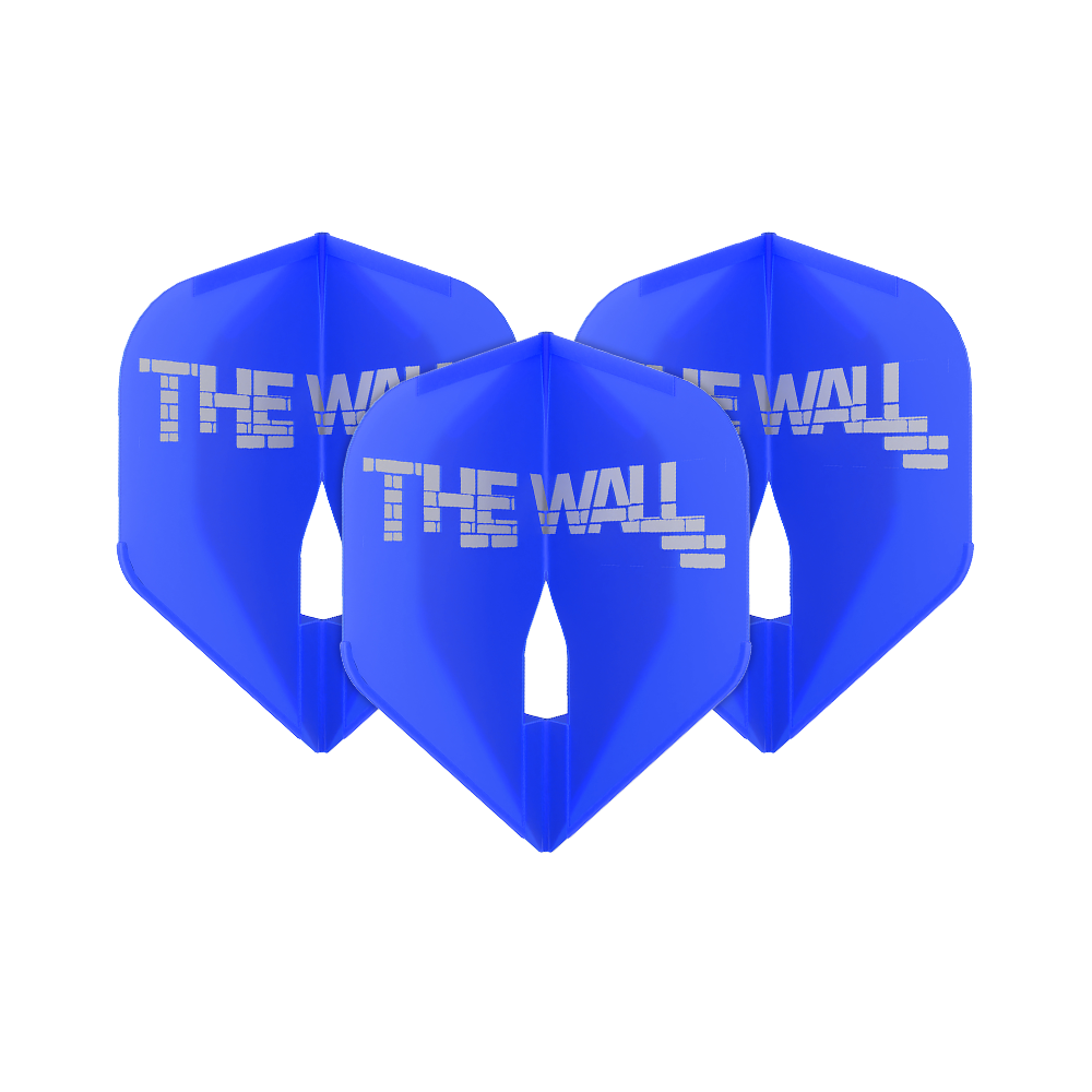 Vuelos Martin Schindler Blue L1PRO estilo L Das Bild zeigt drei blaue Dartflights mit der Aufschrift "THE WALL". Es handelt sich um das Produkt 'L-Style Martin Schindler Blau L1PRO Flights'.