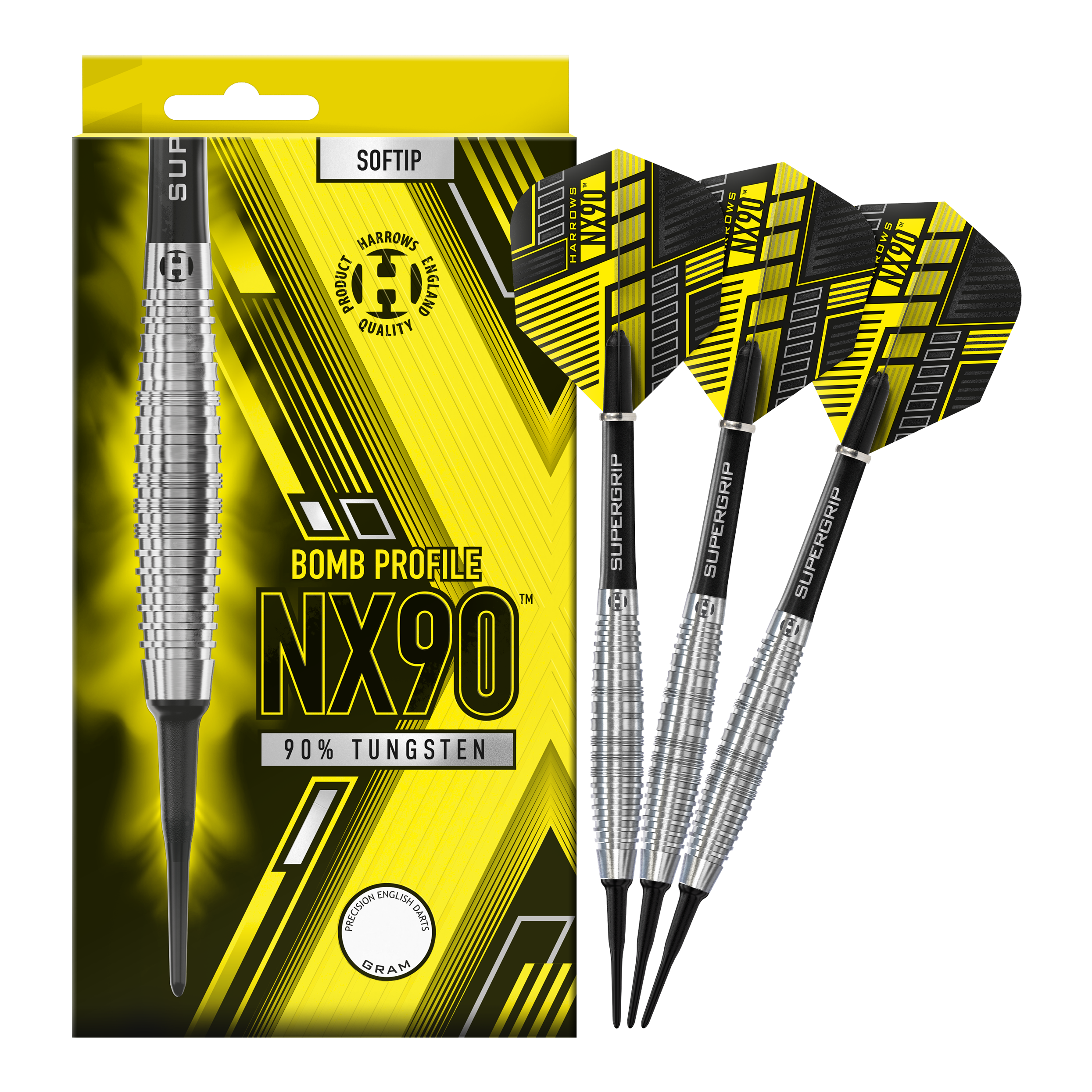 Dardos blandos Harrows NX90 Bomb Das Bild zeigt eine Packung Harrows NX90 Bomb Softdarts mit auffälligem gelb-schwarzem Design. Neben der Verpackung sind drei Softdarts mit silbernen Griffen und schwarzen Flights zu sehen.
