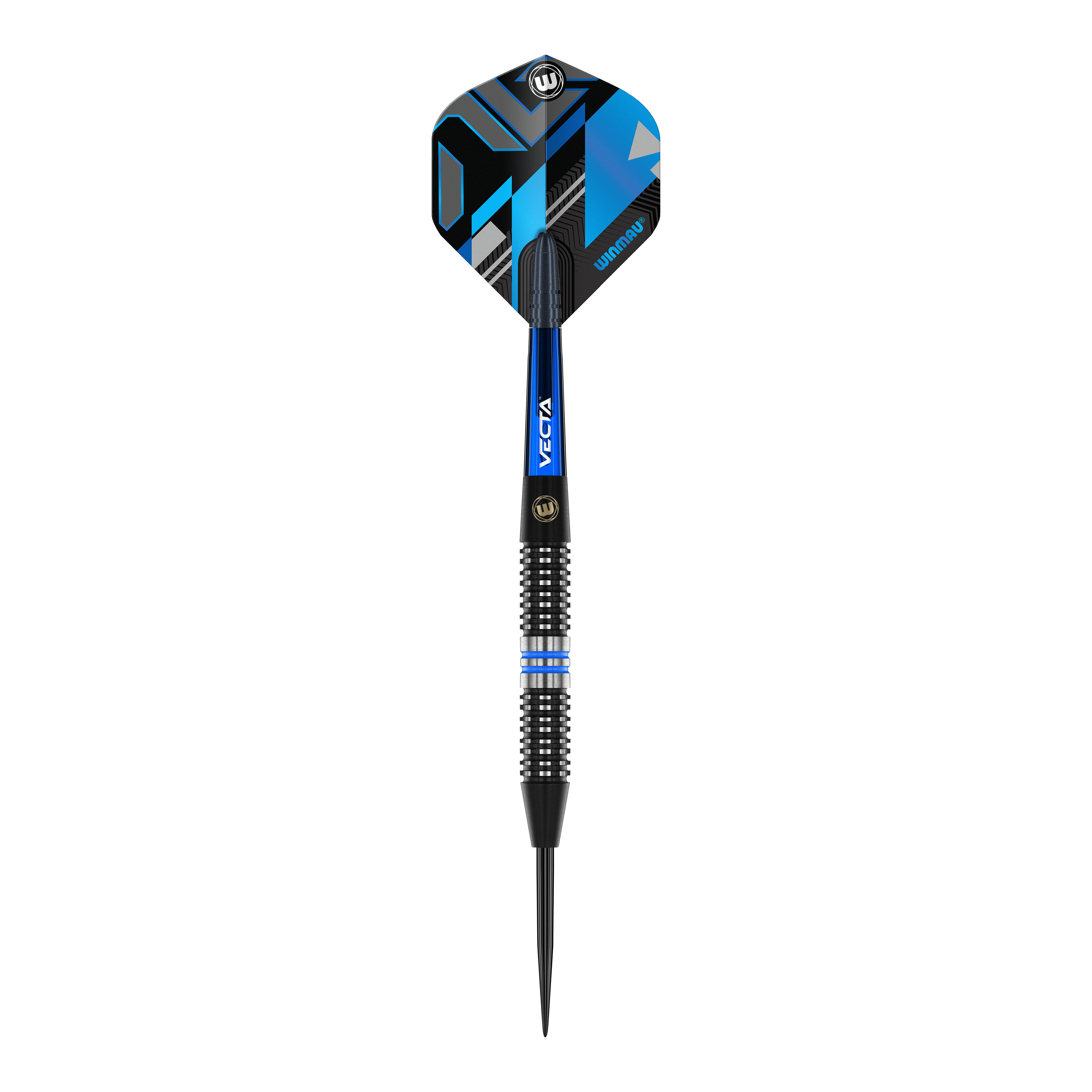Dardos de acero Winmau Galactics Das Bild zeigt einen Winmau Galactics Steeldart mit einem modernen, blauen und schwarzen Design. Der Dart hat eine strukturierte Griffzone und eine spitze Stahlspitze.