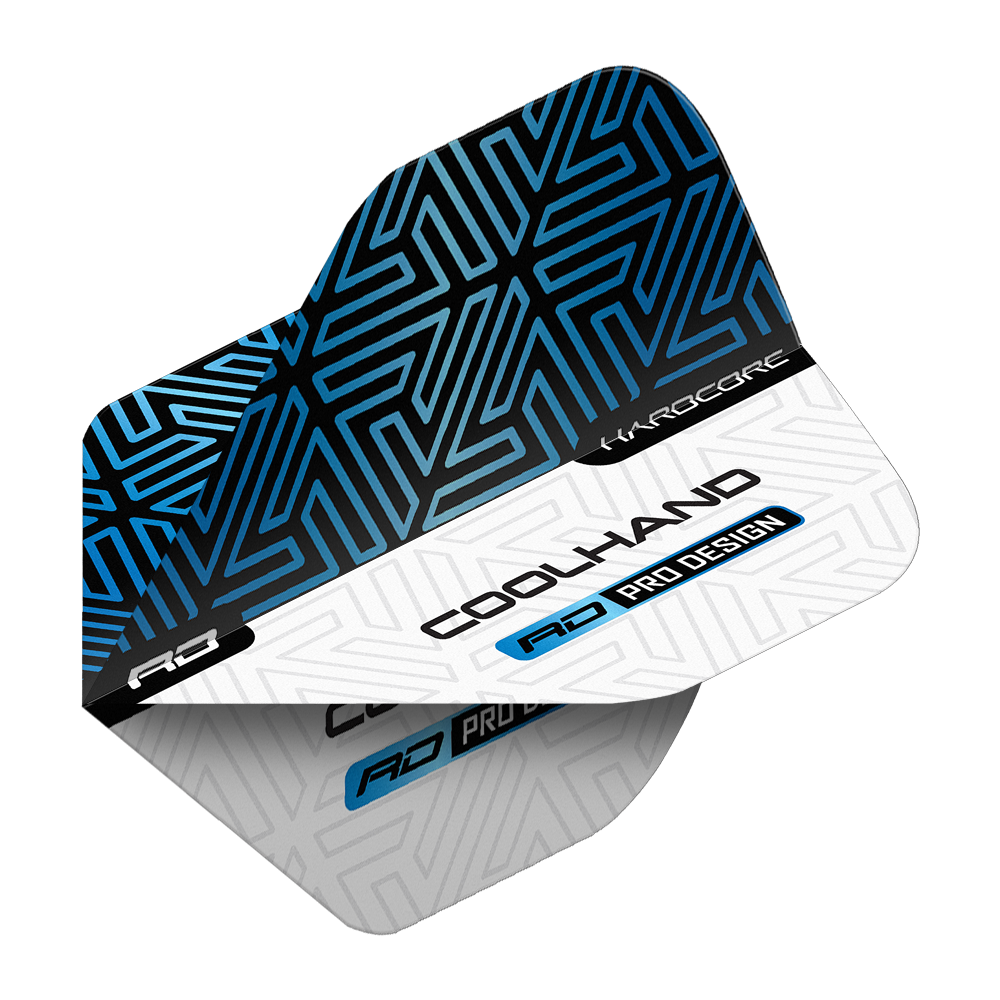 Vuelos estándar premium azul y blanco de Red Dragon Hardcore Luke Humphries Das Bild zeigt die Red Dragon Hardcore Luke Humphries Blue White Premium Standard Flights. Die Flights sind blau-weiß gestaltet und tragen die Aufschrift „COOLHAND“ sowie „RD PRO DESIGN“.