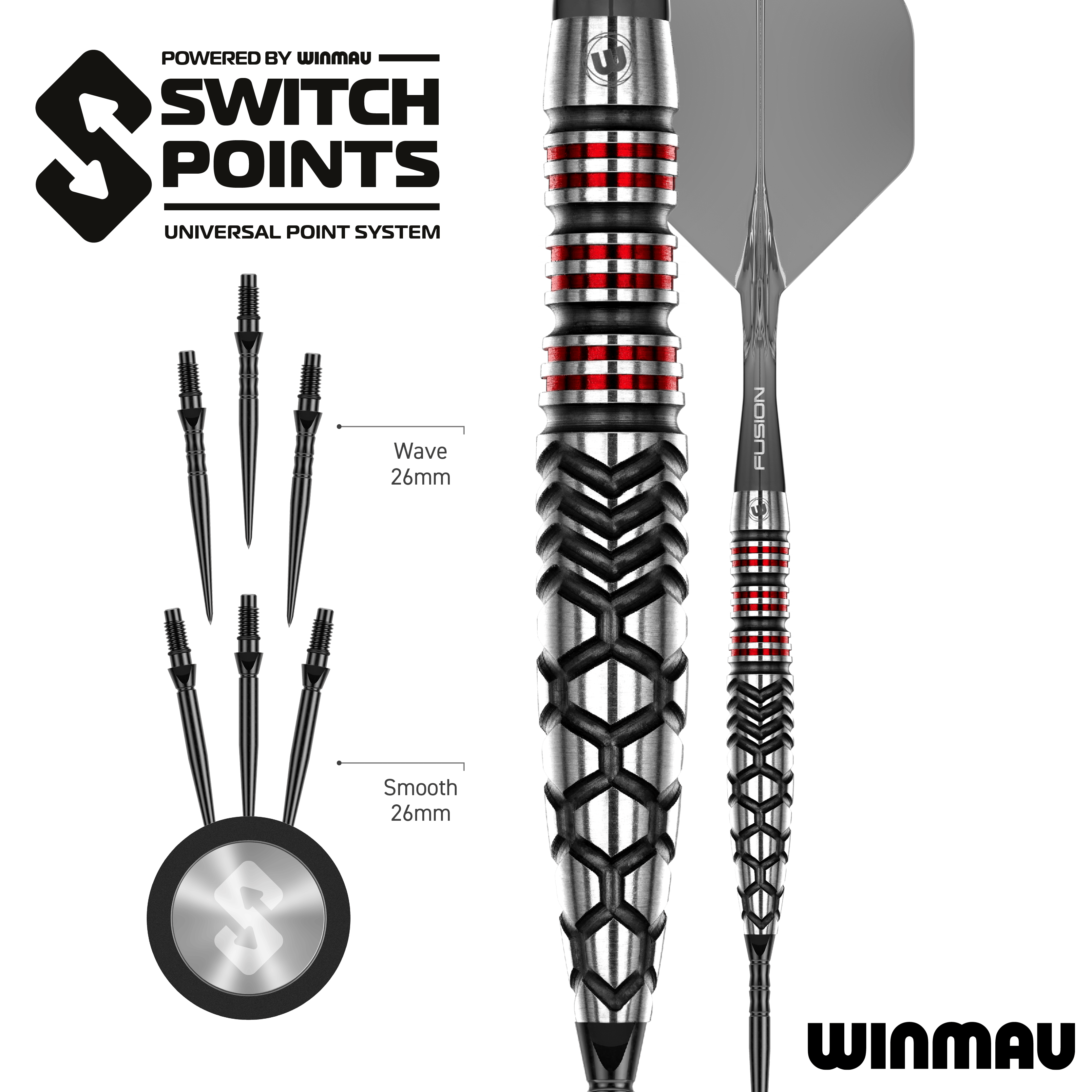 Puntos de conmutación de torpedos Winmau Fornax Steeldarts Das Bild zeigt die Winmau Fornax Torpedo Switch Points Steeldarts. Diese Steeldarts sind speziell für hohe Präzision und Leistung entwickelt.