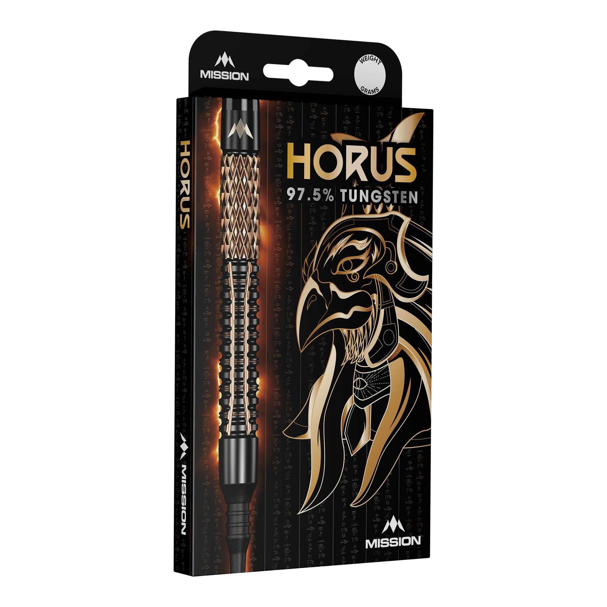 Dardos blandos Mission Horus - 19 g Die Abbildung zeigt die Verpackung der "Mission Horus Softdarts - 19g". Auf der Vorderseite sind der Dartpfeil, der Produktname und ein goldener Horus-Kopf abgebildet.