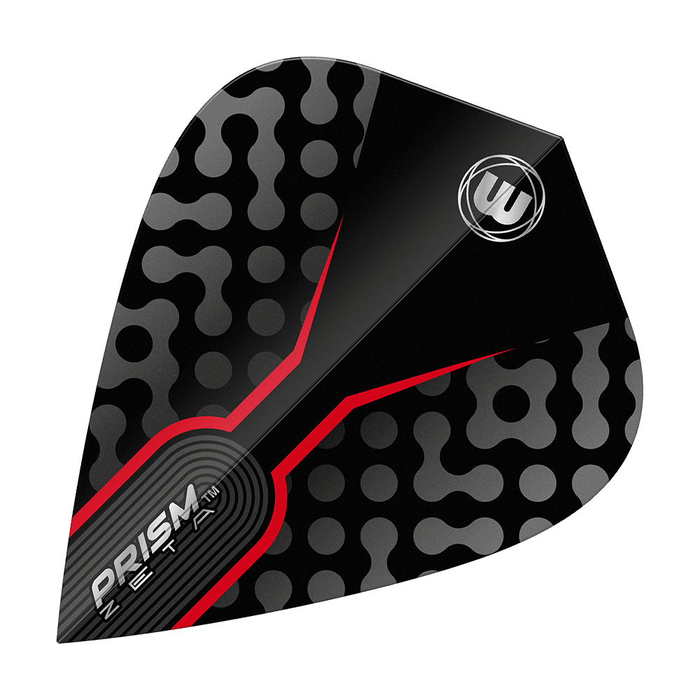Vuelos Cometa Winmau Zeta Negro Rojo Das Bild zeigt ein Winmau Zeta Black Red Kite Flight für Darts. Das Flight ist schwarz mit grauen Punkten und auffälligen roten Akzenten gestaltet.