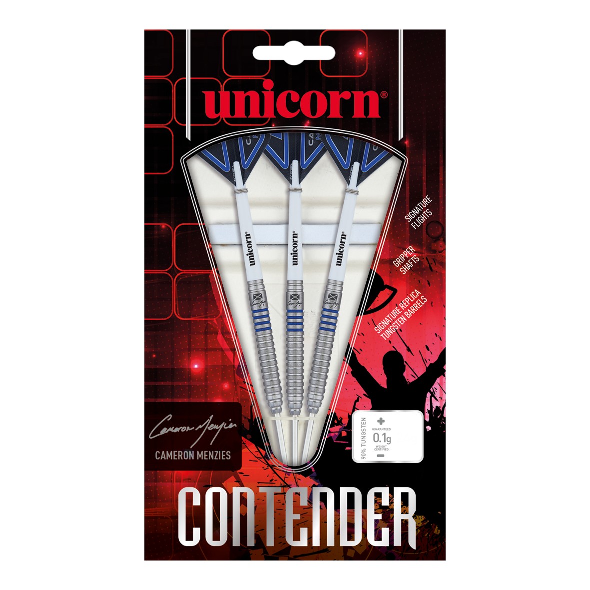 Dardos de acero Unicorn Contender Cameron Menzies - 23 g Das Bild zeigt eine Packung Unicorn Contender Camerion Menzies Steeldarts mit einem Gewicht von 23g. In der Verpackung befinden sich drei silberne Darts mit blauen Akzenten.