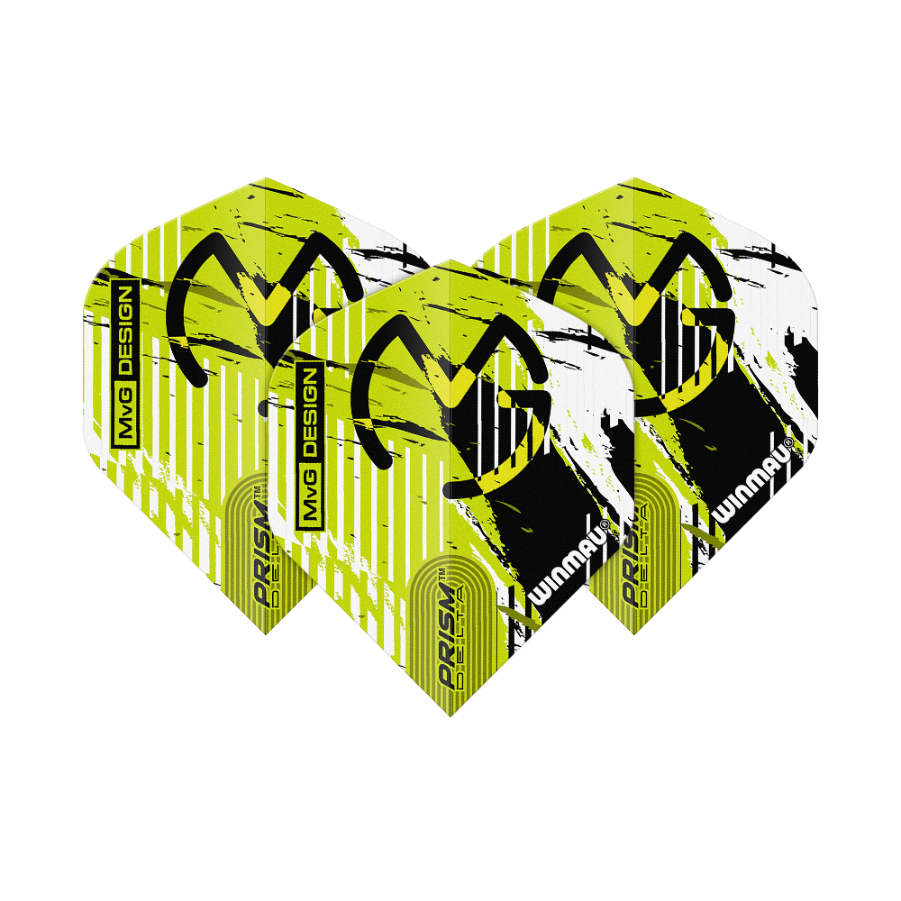 Das Bild zeigt drei Dartflights des Modells "Winmau Delta Michael Van Gerwen Prism 03 Standard". Die Flights sind gelb-schwarz-weiß gestaltet und tragen das MVG-Logo sowie die Aufschrift "PRISM DELTA" und "WINMAU".