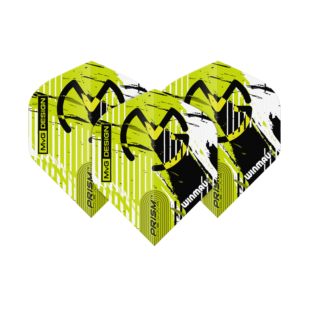 Vuelos estándar Winmau Delta Michael Van Gerwen Prism 03 Das Bild zeigt drei Dartflights des Modells "Winmau Delta Michael Van Gerwen Prism 03 Standard". Die Flights sind gelb-schwarz-weiß gestaltet und tragen das MVG-Logo sowie die Aufschrift "PRISM DELTA" und "WINMAU".