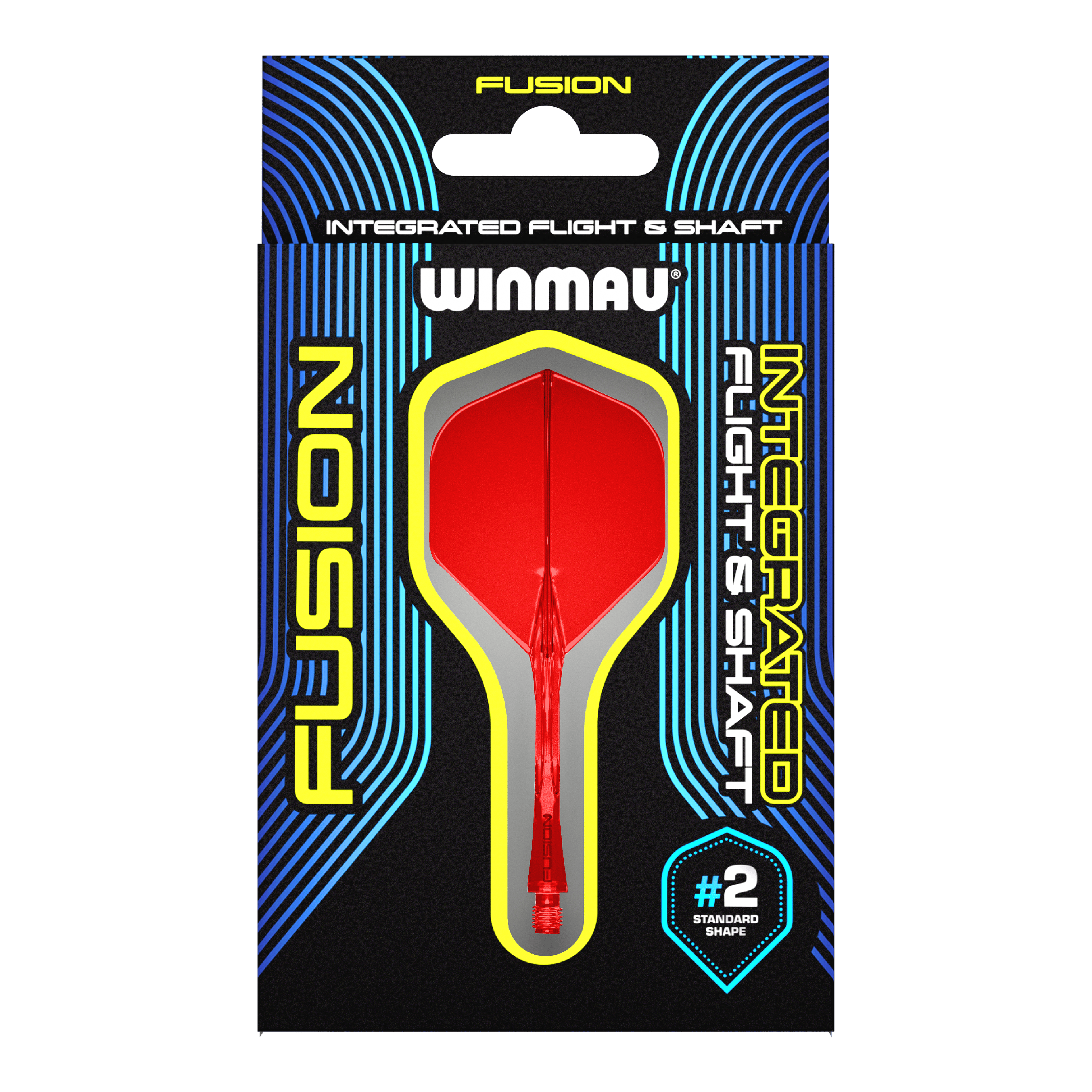 Sistema de eje de vuelo Winmau Fusion estándar rojo Das Bild zeigt eine Verpackung für das Winmau Fusion Integrated Flight & Shaft System in Rot. Im Mittelpunkt ist ein integrierter Dart-Flügel mit Schaft der Größe #2 im Standard-Shape zu sehen.