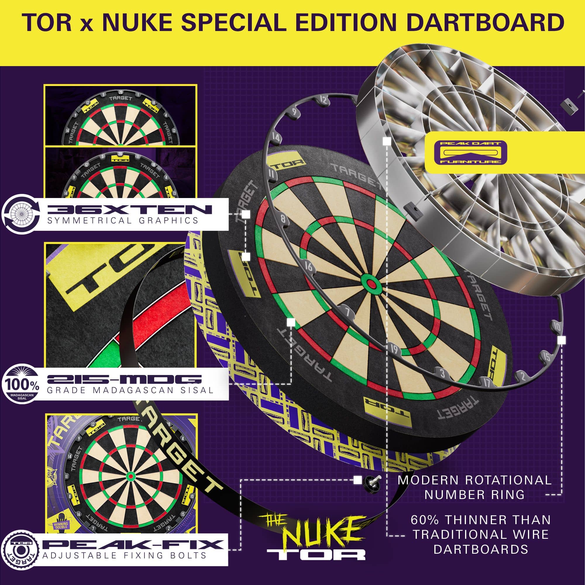 Paquete de diana de dardos de acero con forma de objetivo envolvente, campeón mundial Luke Littler 2025 Das Bild zeigt das "Target Luke Littler World Champion 2025 Surround Tor Steeldartboard Bundle" mit verschiedenen Besonderheiten. Es hebt eine moderne, rotierende Zahlenring-Technologie und besonders dünne Drahtsegmente hervor.