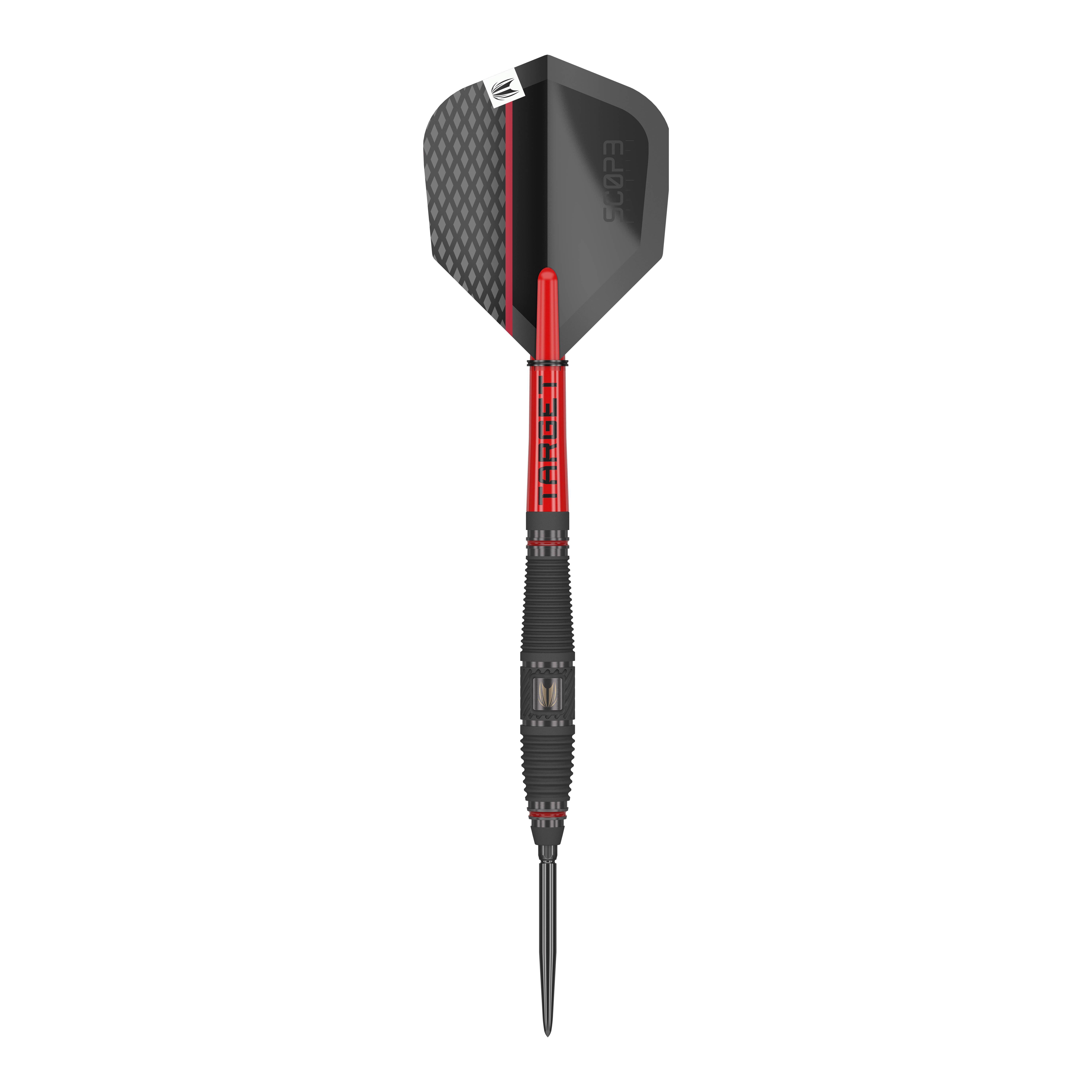 Dardos de acero Target Scope 03 Swiss Point Das Bild zeigt einen Target Scope 03 Swiss Point Steeldart. Der Dart hat ein modernes Design mit schwarzen und roten Elementen sowie einer strukturierten Griffzone.