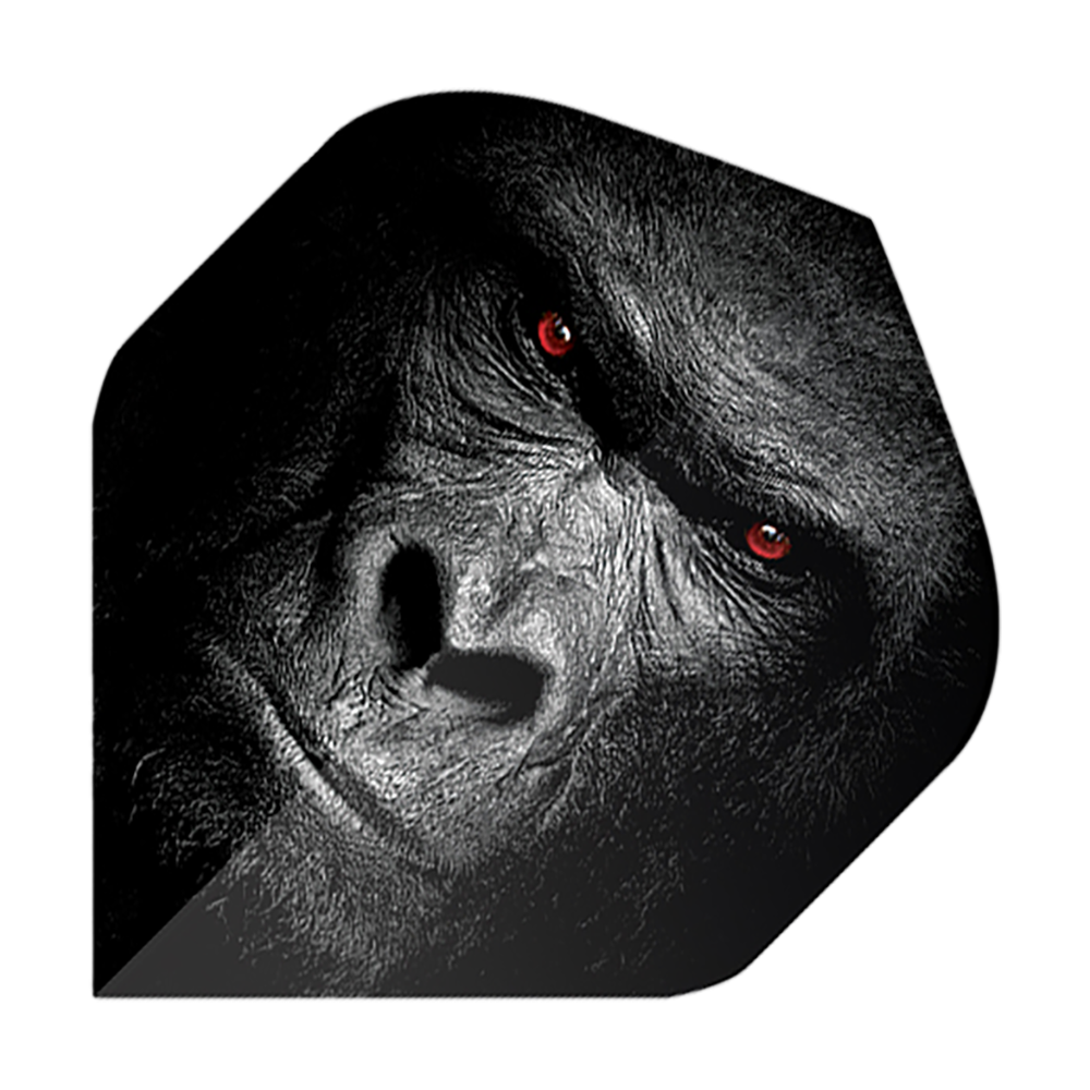 Vuelos de pentatlón Gorila Das Bild zeigt ein Dart-Flight mit dem Gesicht eines Gorillas. Die Augen des Gorillas leuchten rot und der Hintergrund ist dunkel gehalten.