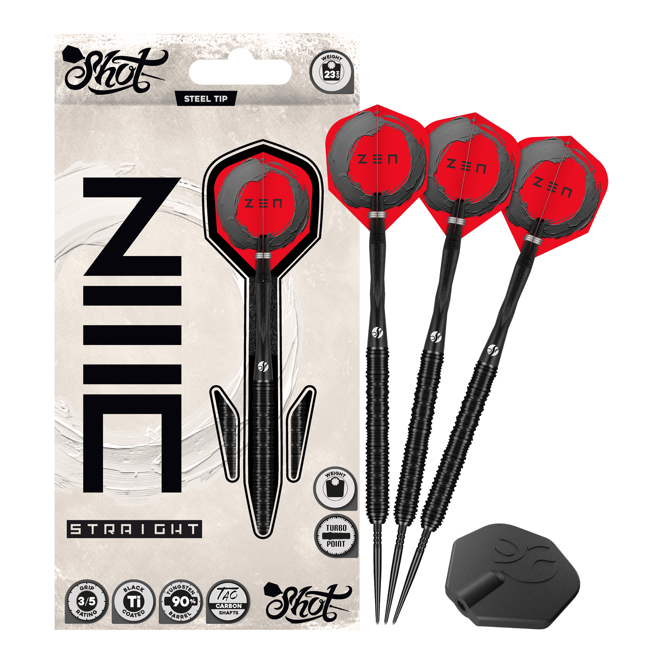 Dardos de acero Shot ZEN Straight Turbo Point - 23 g Das Bild zeigt Shot ZEN Straight Turbo Point Steeldarts - 23g in voller Länge. Die Steeldarts werden vollständig dargestellt.