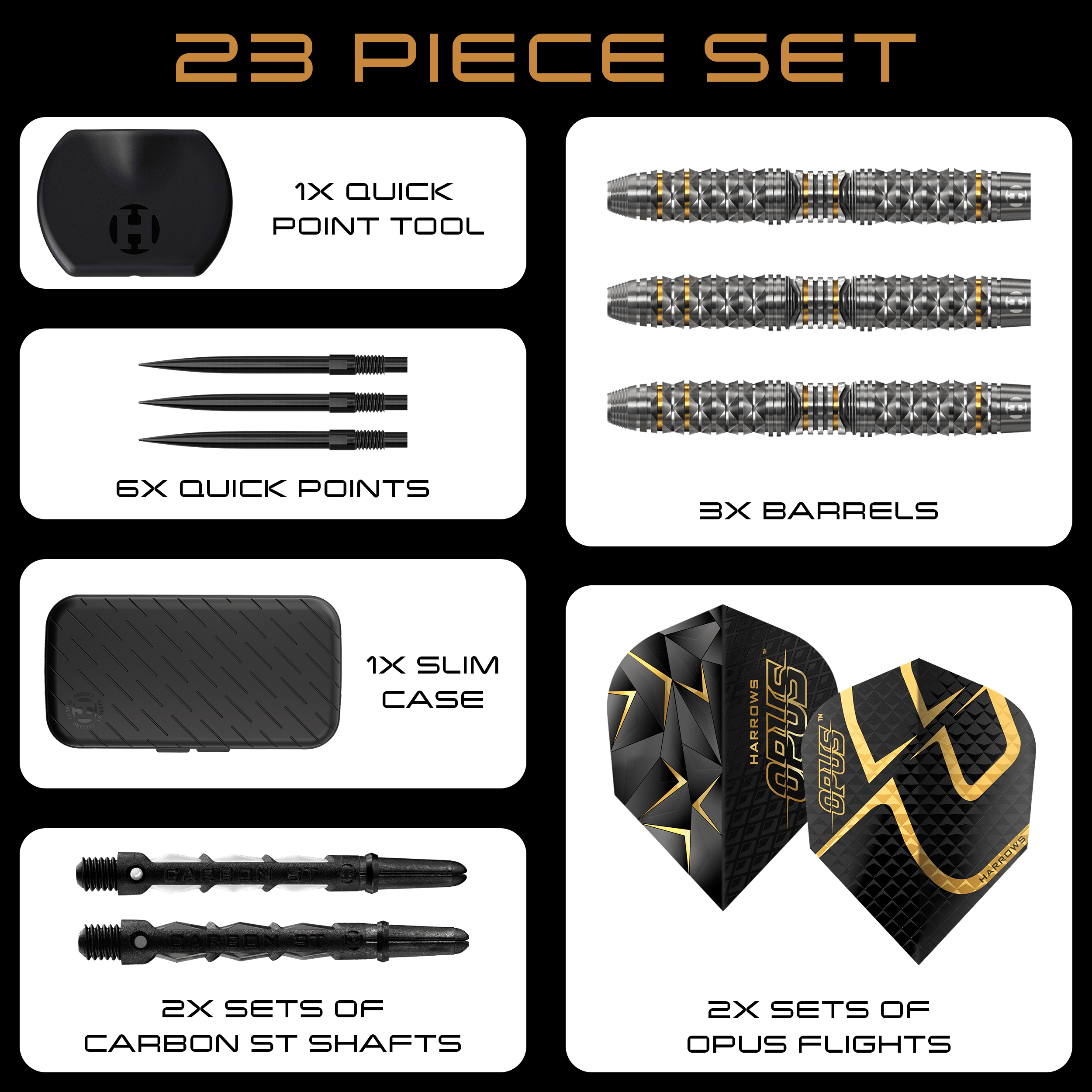 Dardos de acero Harrow's Opus Quick Point Auf dem Bild sind die Harrows Opus Quick Point Steeldarts mit 23g zu sehen. Diese Darts eignen sich für das Steeldartspiel.