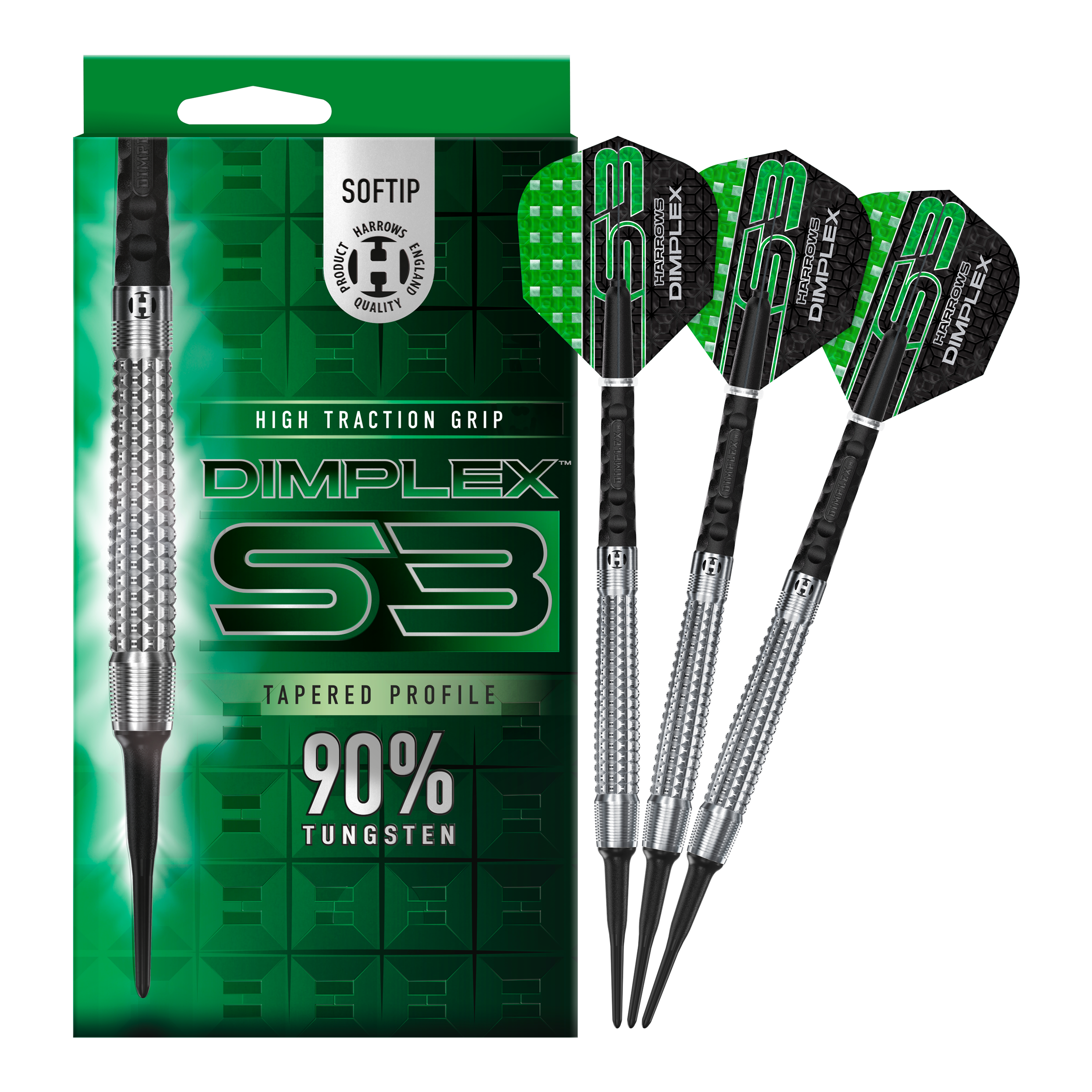 Dardos suaves cónicos Harrows Dimplex S3 Das Bild zeigt eine Packung und drei Softdarts der Marke "Harrows Dimplex S3 Tapered". Die Darts bestehen zu 90 % aus Tungsten und haben eine hohe Grifftraktion.