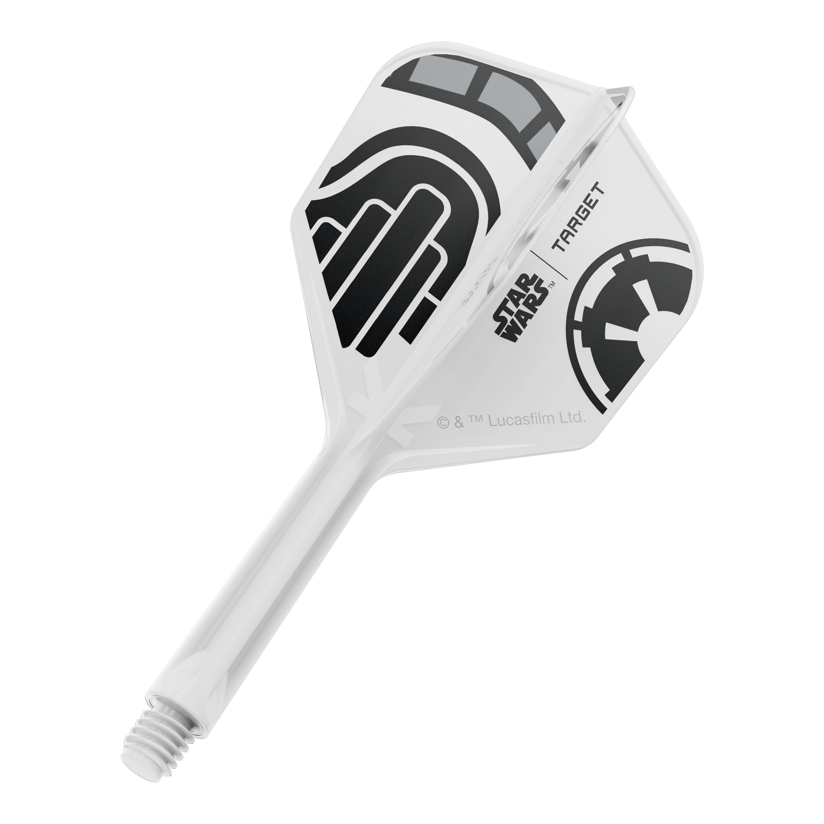 Vuelos Target Star Wars K-Flex Stormtrooper No. 6 Ein Dart-Flight aus der Star Wars KFlex Stormtrooper No6 Serie ist auf dem Bild. Der Flight ist intermediate und misst 26 mm.