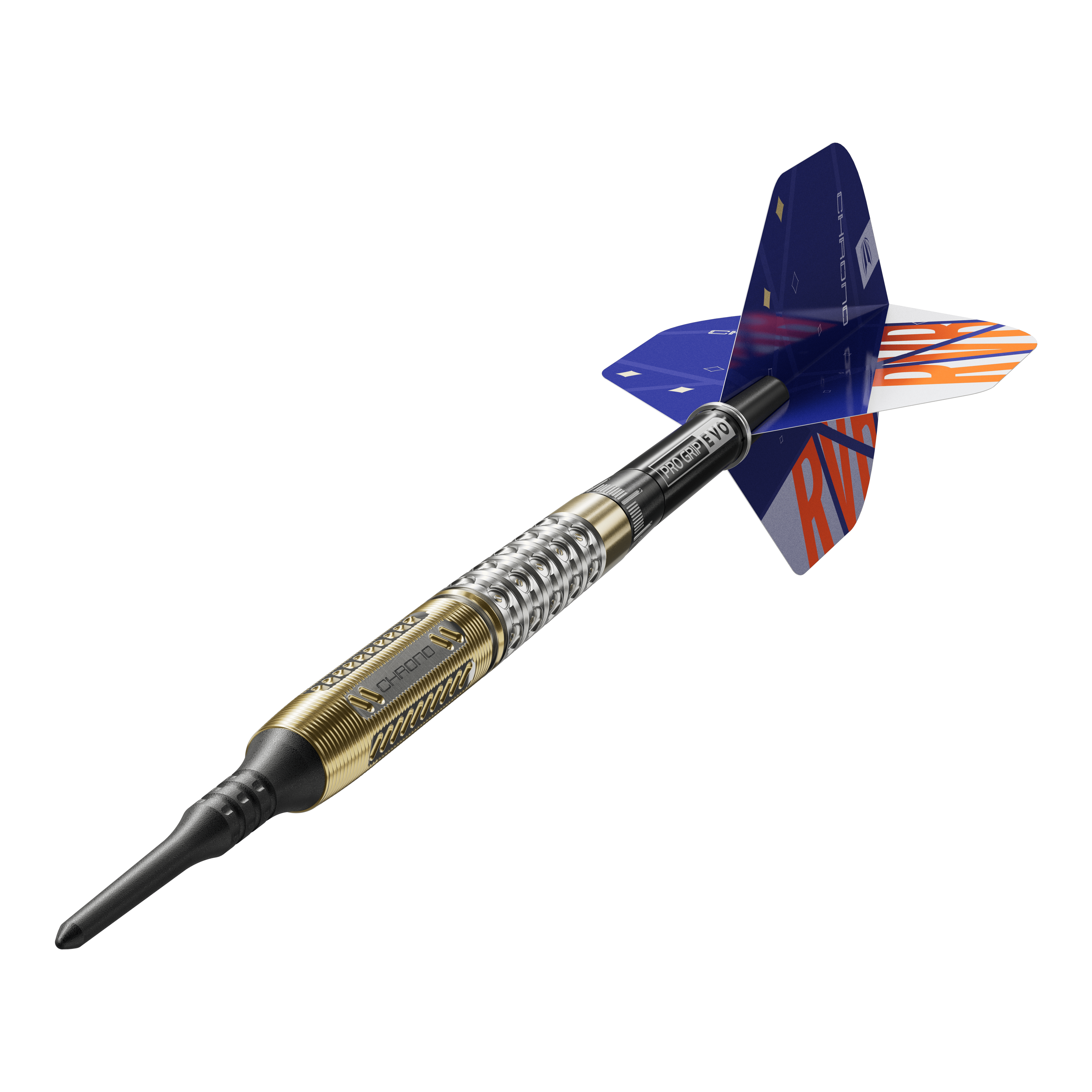 Target Raymond Van Barneveld Chrono 95 dardos blandos Das Bild zeigt einen Softdart namens "Target Raymond Van Barneveld Chrono 95". Der Dart hat einen gold-silbernen Griff und blaue Flights mit orangefarbenen Buchstaben.