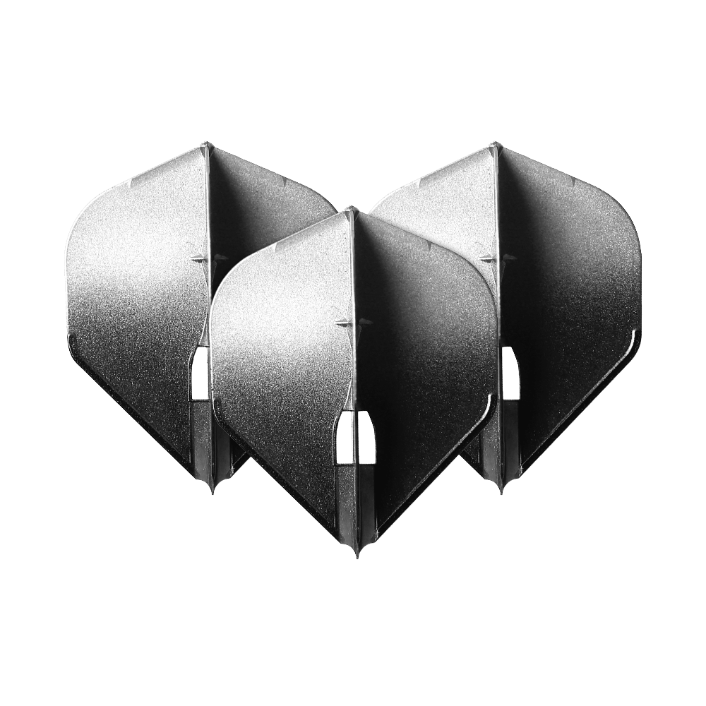 Vuelos L-Style Two Tone L1PRO Auf dem Bild sind drei silberfarbene Dart-Flights in Pfeilform zu sehen. Die Flights stehen dicht nebeneinander und haben einen metallischen Glanz.