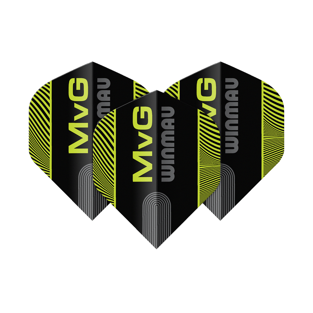 Winmau Prism Delta MvG Texto Negro Verde No2 Vuelos Estándar Das Bild zeigt die Winmau Prism Delta MvG Black Green Text No2 Standard Flights. Es handelt sich um Dart-Flights in Schwarz und Grün mit Text-Design.