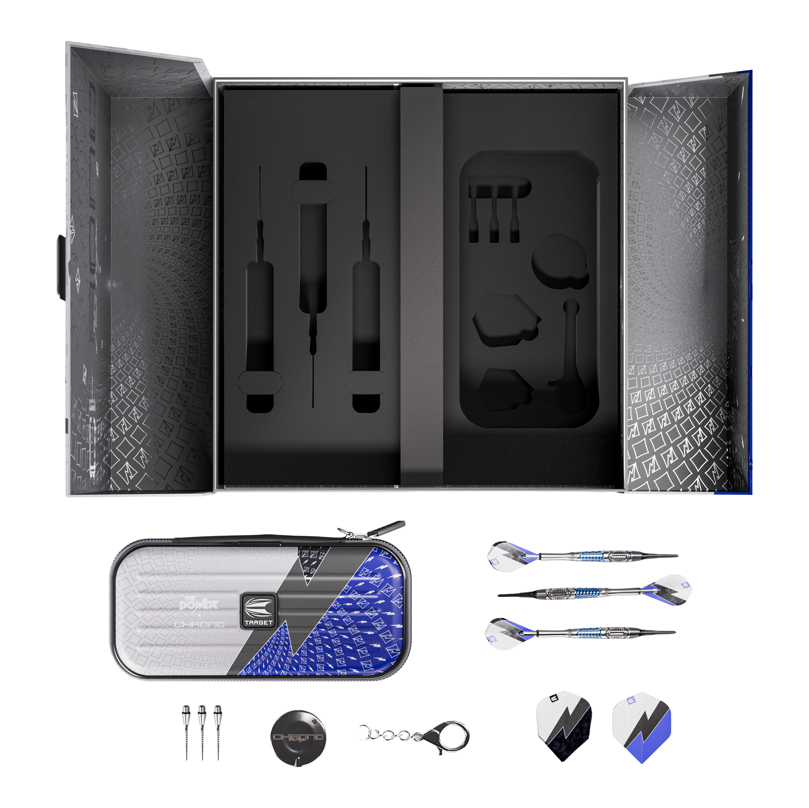 Dardos blandos Target Phil Taylor Power X Chrono Zu sehen sind die Target Phil Taylor Power X Chrono Softdarts. Das Bild zeigt drei Darts nebeneinander.