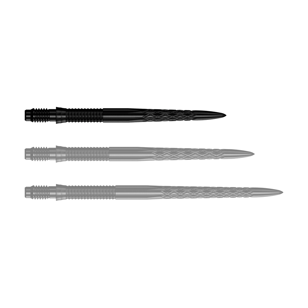 Puntas de dardo Mission R2.5 Rapid Point DSX - Negras Das Bild zeigt eine Reihe von schwarzen Dartspitzen mit der Bezeichnung 30mm. Die Spitze ist für den Einsatz in Darts geeignet.