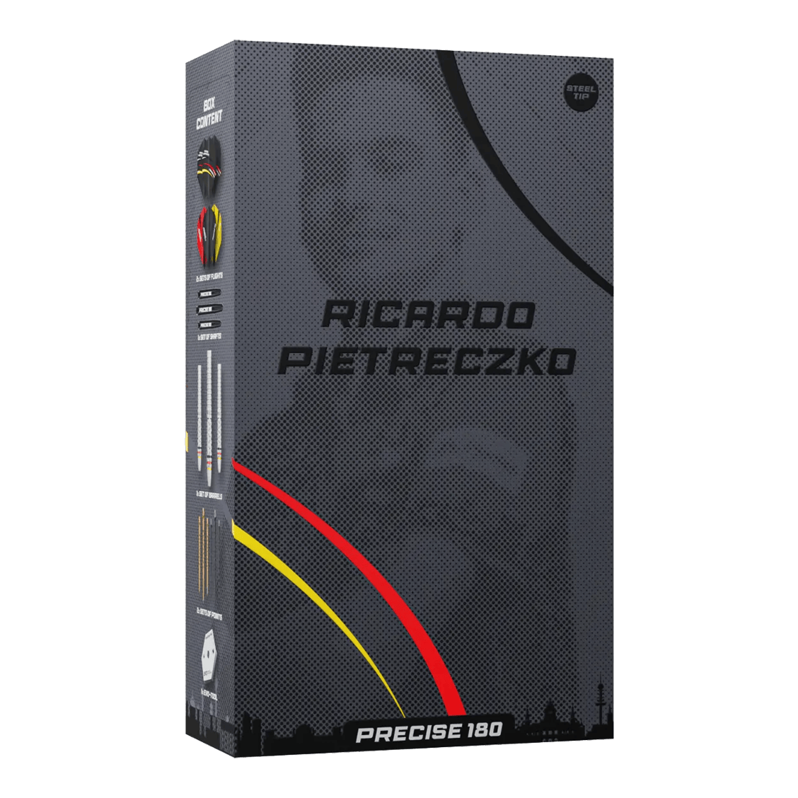 Dardos de acero Precise 180 Ricardo Pietreczko GEN1 Precise 180 Ricardo Pietreczko GEN1 Steeldarts zeigen das Design dieser hochwertigen Dartpfeile. Diese Darts sind ideal für Wettkampfspieler.