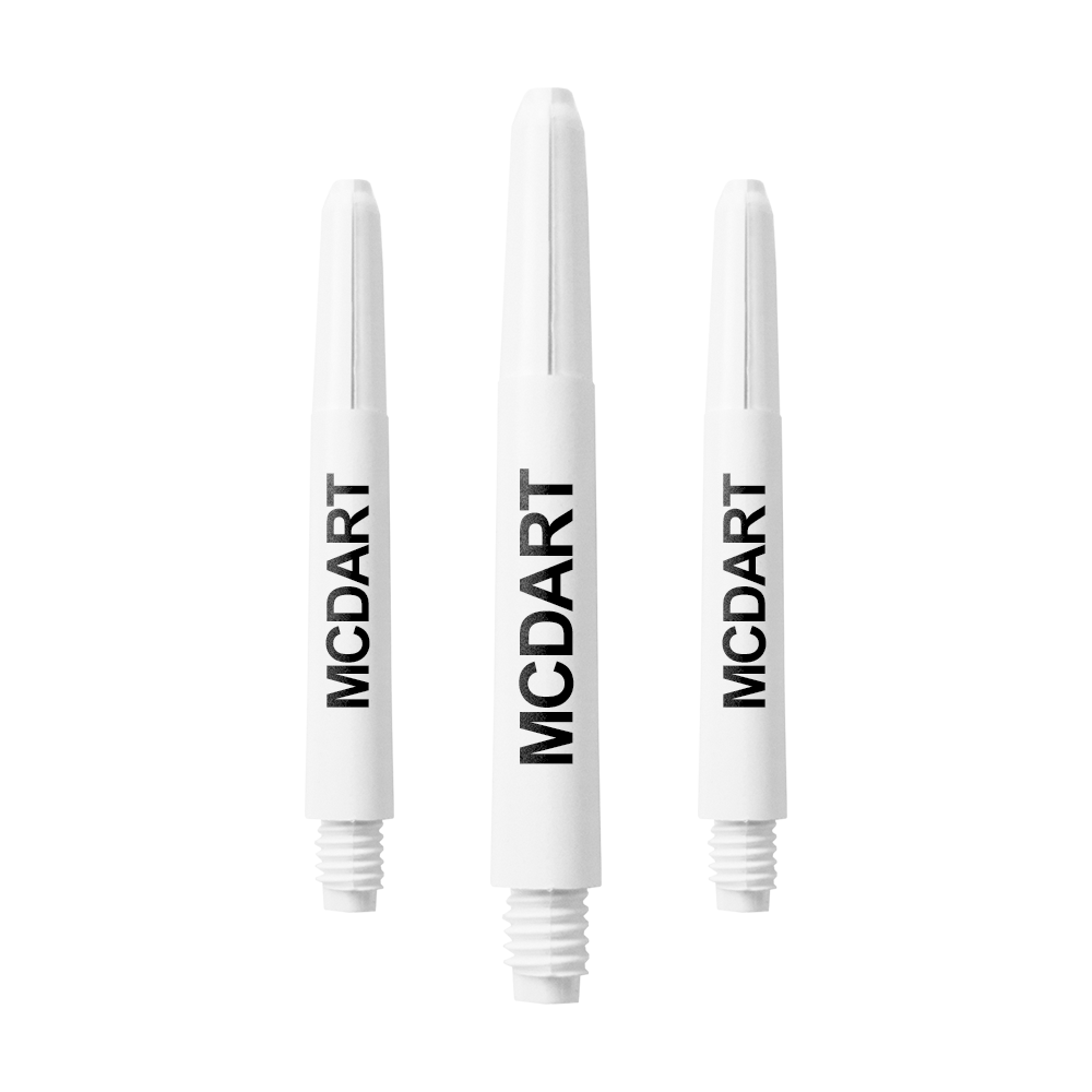 MD-602_Nylon_Shafts_mit_Wunschdruck_Schneeweiss_40mm_1 Auf dem Bild sind drei weiße Dart-Schäfte aus Nylon zu sehen. Auf jedem Schaft steht der Schriftzug "MCDART".
