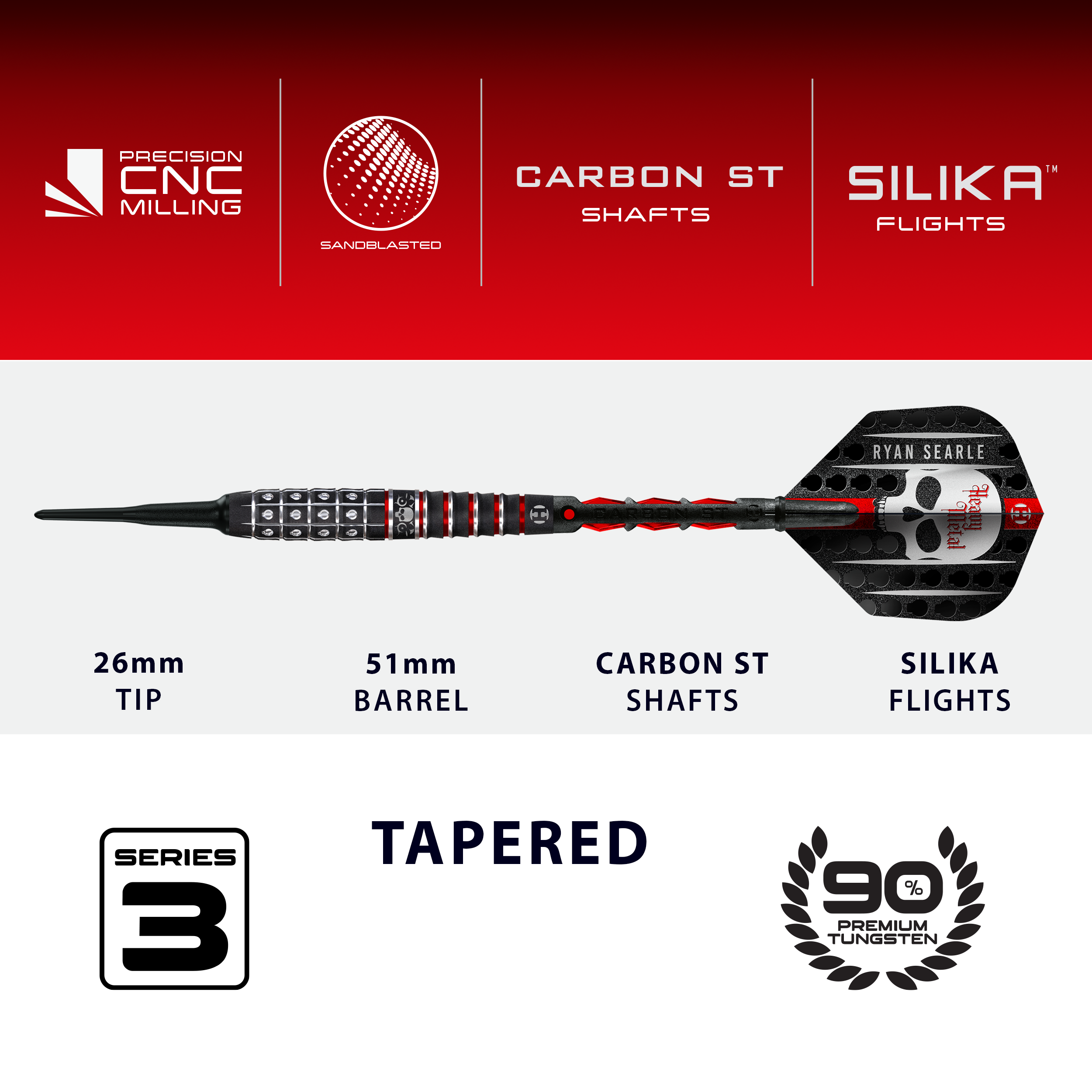Dardos blandos Ryan Searle Serie 3 de Harrow Das Bild zeigt die Harrows Ryan Searle Series 3 Softdarts. Diese Dartpfeile sind für den Softdartbereich konzipiert.