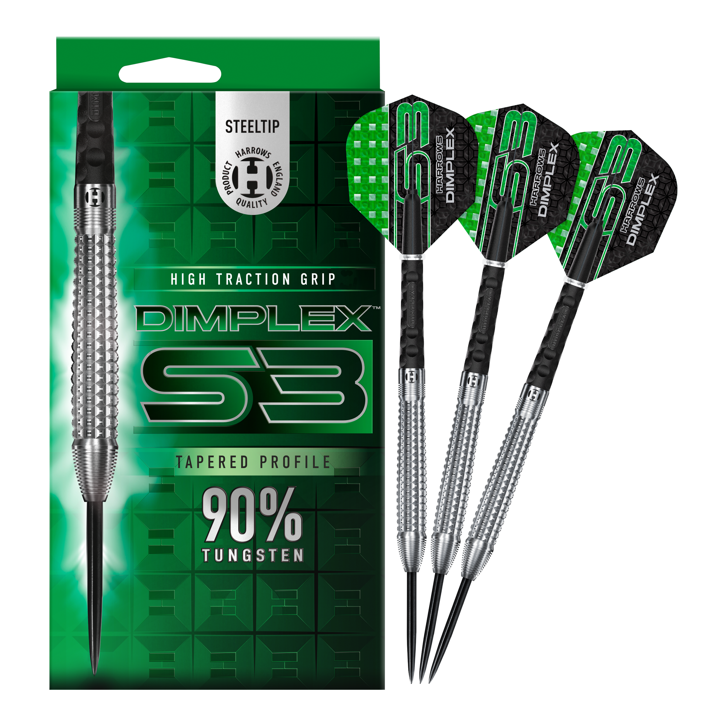 Dardos de acero cónicos Harrows Dimplex S3 Das Bild zeigt die Harrows Dimplex S3 Tapered Steeldarts mit einer auffälligen grünen Verpackung. Drei Steeldarts aus 90% Wolfram sind neben der Verpackung abgebildet.