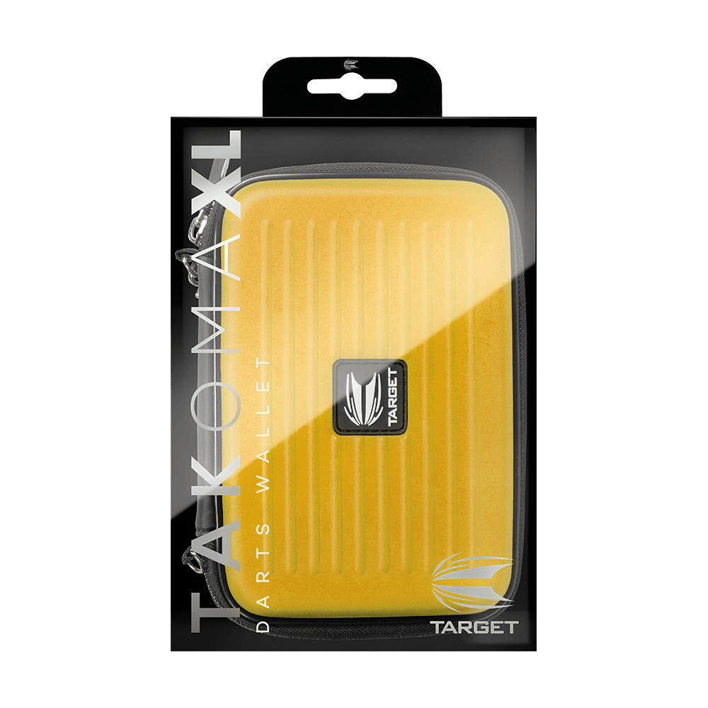125857_Target_Takoma_XL_Dartwallet_Gelb_3 Das Bild zeigt eine gelbe Darttasche namens "Target Takoma XL Dartwallet" in ihrer Verpackung. Auf der Verpackung sind der Markenname und das Logo von Target zu sehen.
