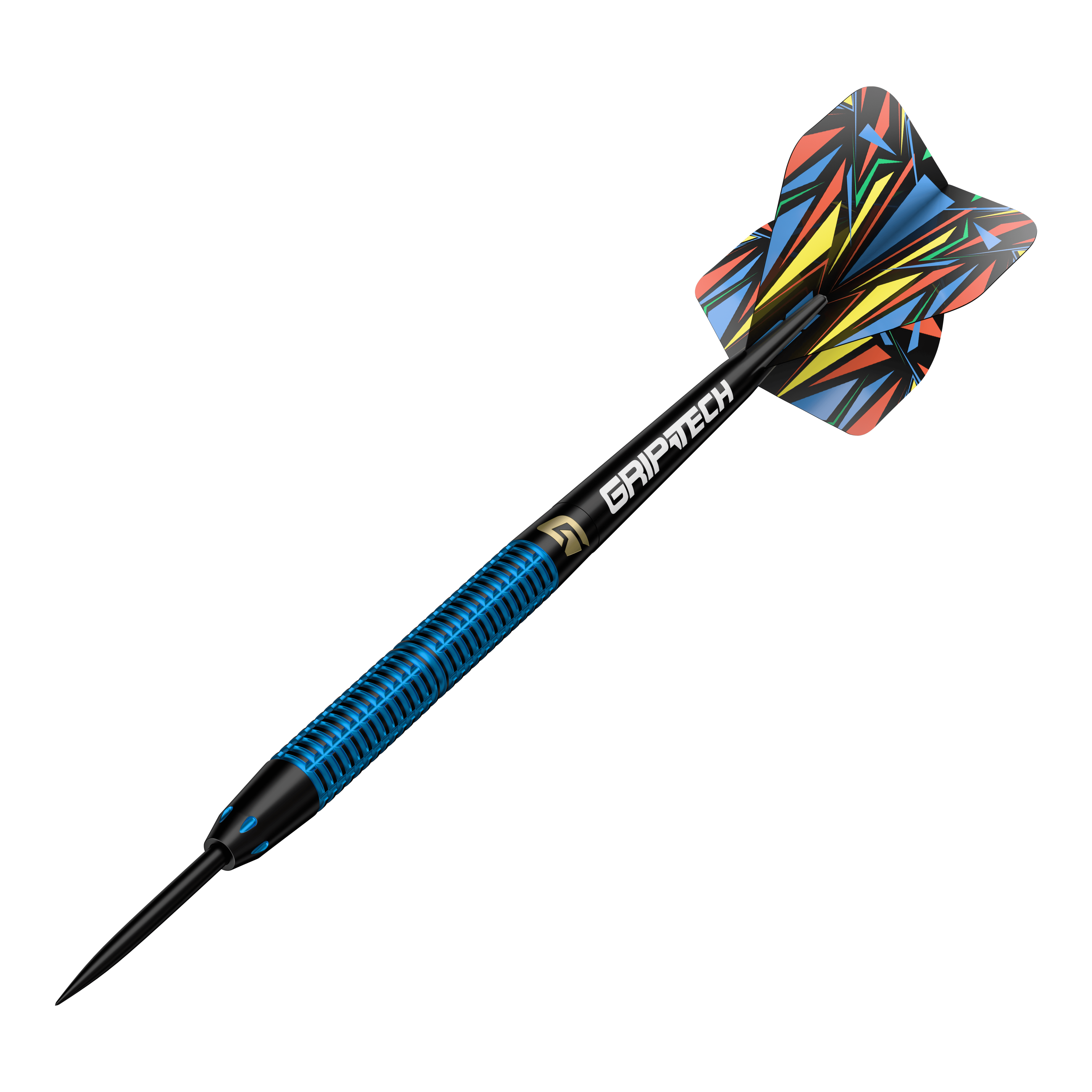 Dardos GOAT Athlete de latón azul - 12 g Dies ist der GOAT Athlete Blue Brass Steeldart mit einem Gewicht von 12g. Er hat ein auffälliges, bunt gemustertes Flight und einen blau-schwarzen Schaft mit der Aufschrift "GRIPTECH".