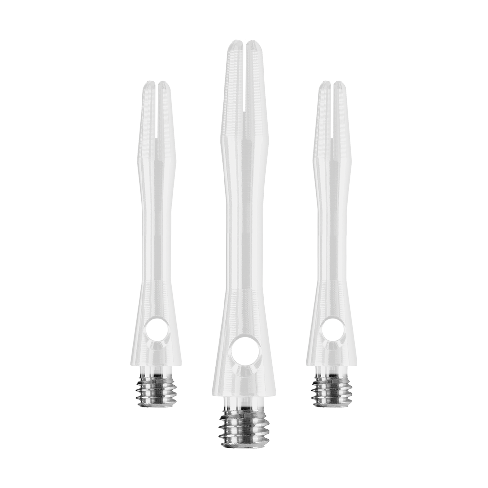 Das Bild zeigt drei weiße Harrows Keramic Shafts für Darts. Sie haben einen glänzenden Metallgewinde am unteren Ende.