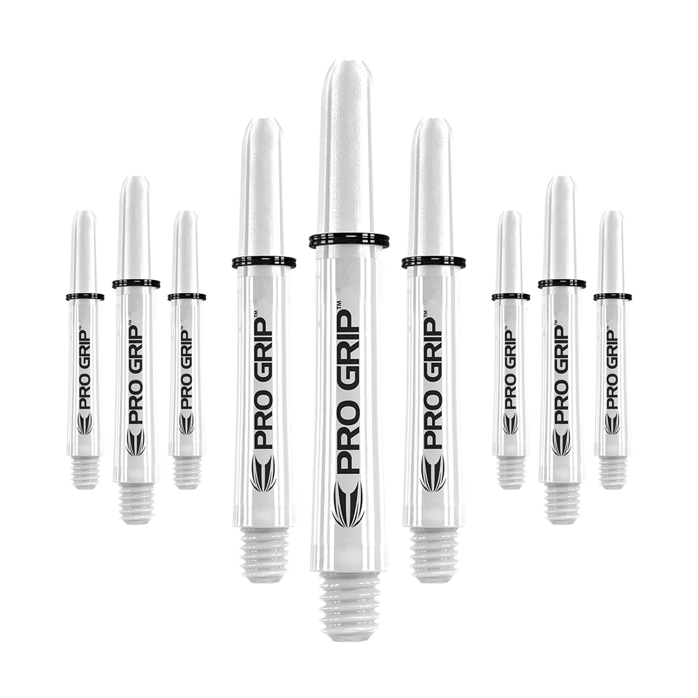 Varillas Target Pro Grip - 3 juegos - Color blanco Auf dem Bild sind neun weiße Dart-Schäfte mit der Aufschrift "Pro Grip" abgebildet. Sie sind gleichmäßig angeordnet und wirken hochwertig verarbeitet.