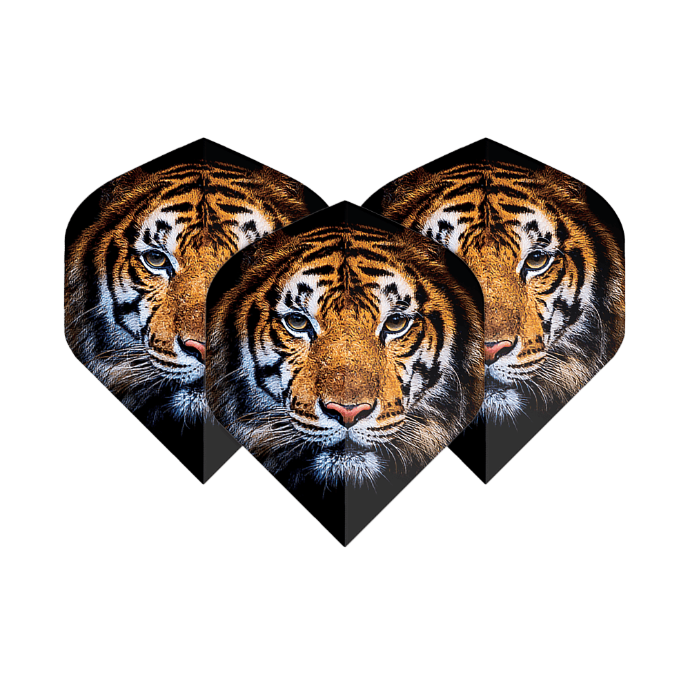 Vuelos de pentatlón Tigre Das Bild zeigt drei Dartflights mit dem Gesicht eines Tigers darauf. Die Flights sind das Produkt "Pentathlon Tiger No2 Standard Flights".
