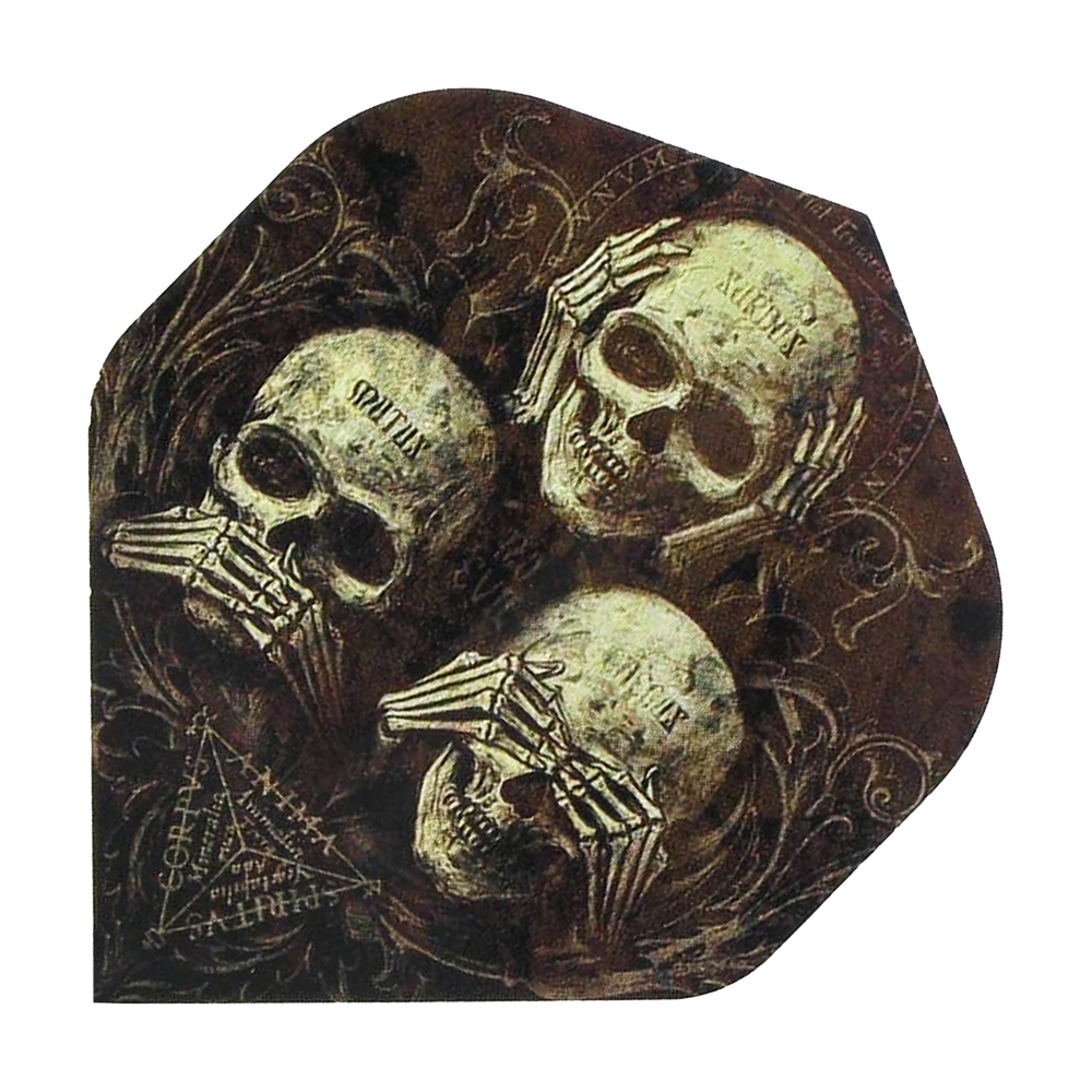 ALC5_Alchemy_No_Evil_Standard_Flights_1 Das Bild zeigt drei Totenköpfe, die nach dem Prinzip „nichts sehen, nichts hören, nichts sagen“ jeweils die Augen, Ohren oder den Mund bedecken. Die Gestaltung wirkt dunkel und mystisch, passend zum Produkt „Alchemy No Evil No2 Standard Flights“.