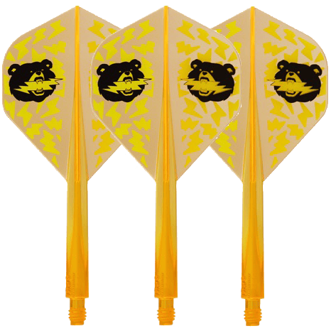 Hacha de cóndor Oso Negro Miyu Miyawaki Eje de vuelo Naranja neón - Estándar Das Bild zeigt vier neonorange Dartflights mit gelbem Blitzmuster und einem schwarzen Bärenkopf darauf. Die Flights sind in Standard-Form gestaltet und tragen den Namen "Condor Axe Black Bear Miyu Miyawaki".