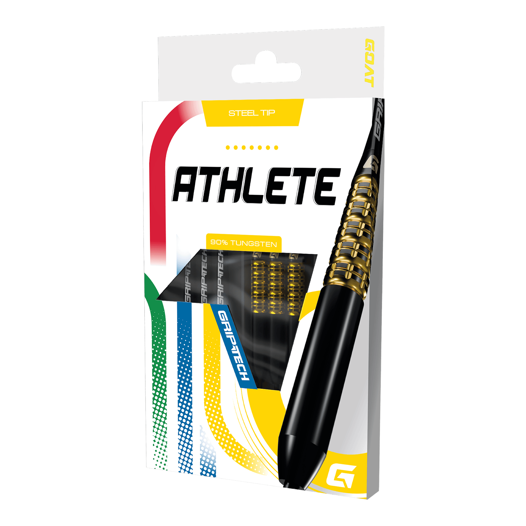 Dardos de acero de tungsteno amarillo GOAT Athlete Das Foto zeigt einen gelben Tungsten-Steeldart. Das Produkt wird als 'GD7000770 GOAT Athlete Yellow Tungsten Steeldarts 3' bezeichnet.