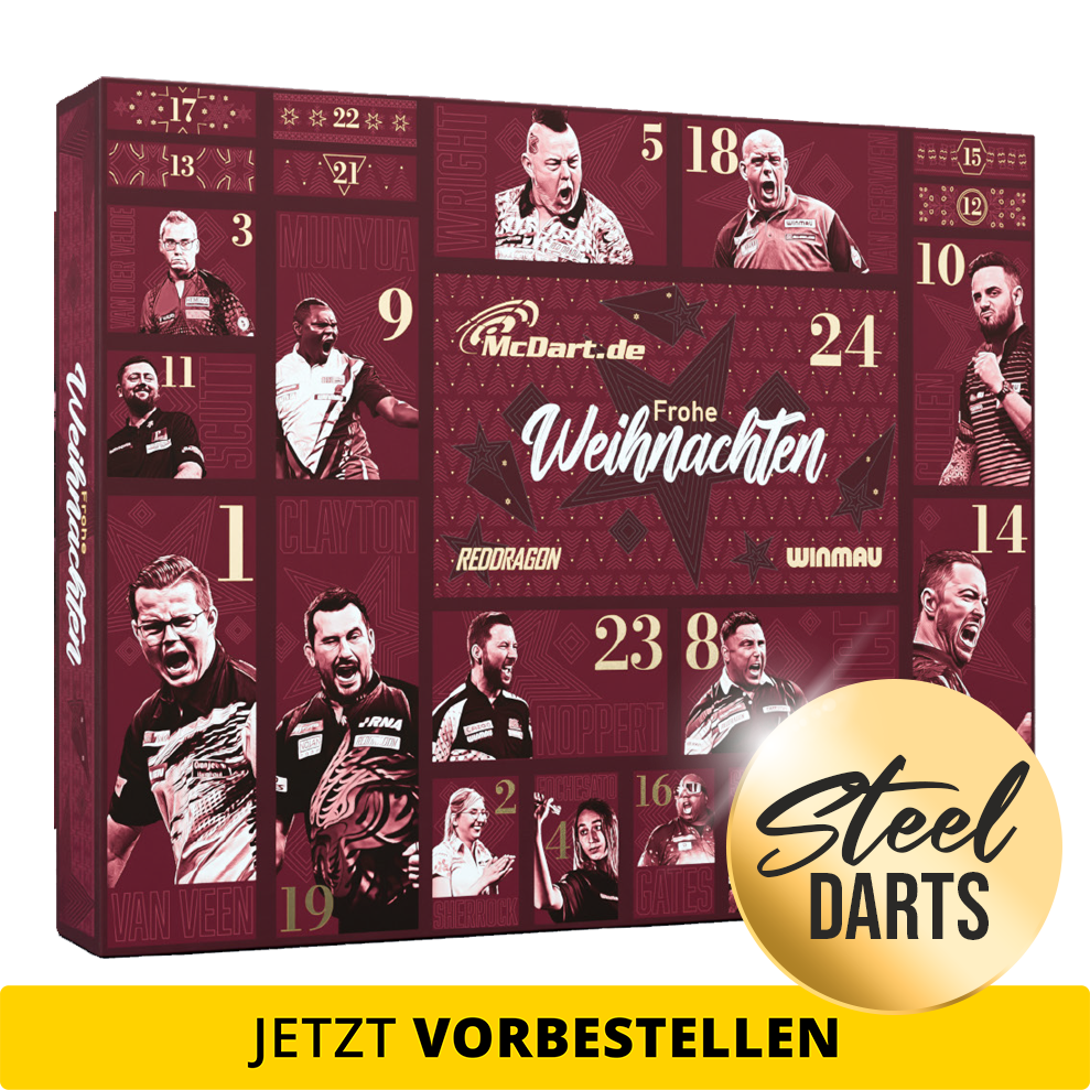 Calendario de Adviento Premium McDart 2026 para jugadores de dardos de acero Abgebildet ist der McDart Premium Adventskalender 2026 für Steeldart-Spieler. Das Design hebt die exklusive Premium-Edition hervor.