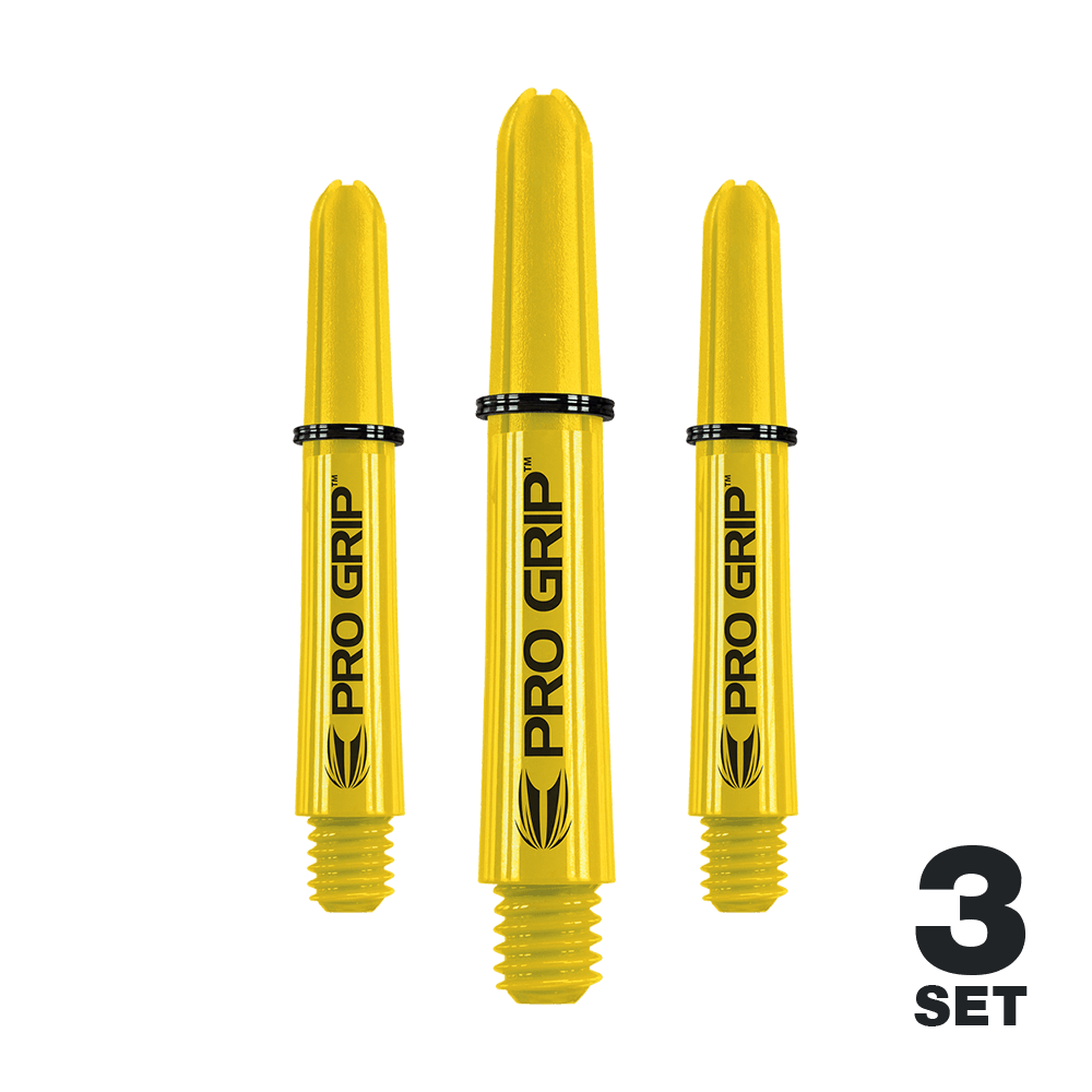 Varillas Target Pro Grip - 3 juegos - Amarillo Auf dem Bild sind drei gelbe Dartschäfte mit der Aufschrift "PRO GRIP" zu sehen. In der rechten unteren Ecke steht "3 SET".