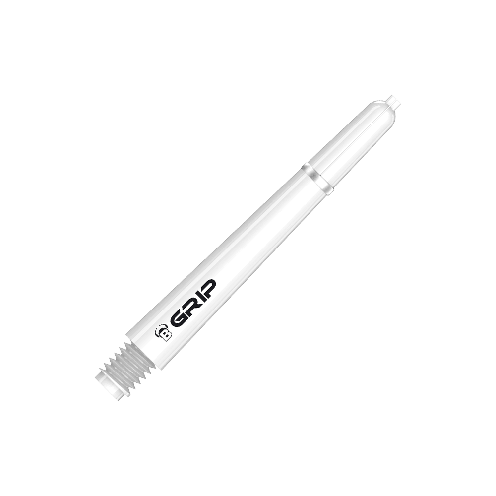 BS55069_Bulls_B-Grip-2_SL_Shafts_Weiss_41mm_2 Das Bild zeigt einen weißen Bulls B-Grip-2 SL Schaft für Dartpfeile. Auf dem Schaft ist das Wort "GRIP" in schwarzer Schrift zu sehen.
