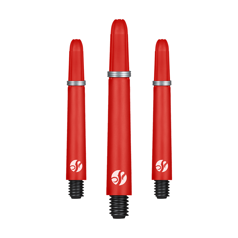 Flechas de carbono Shot Koi - Rojo Das Bild zeigt drei rote Dartschäfte mit schwarzen Gewinden und silbernen Ringen. Alle drei Schäfte haben ein weißes Logo aufgedruckt.