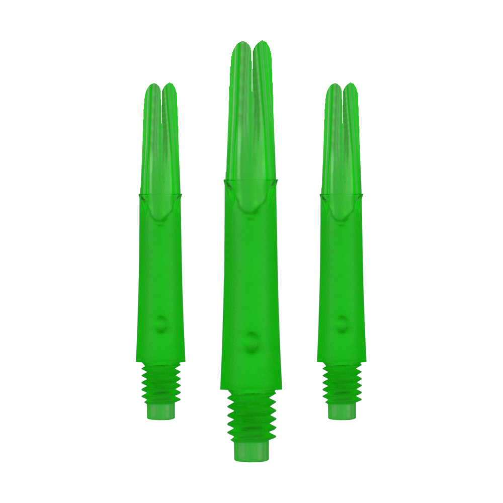 Ejes en L estilo L bloqueados rectos - Verde Auf dem Bild sind drei gerade, grüne Dartschäfte ohne Kappen zu sehen. Sie sind durchsichtig und haben am unteren Ende ein Gewinde.