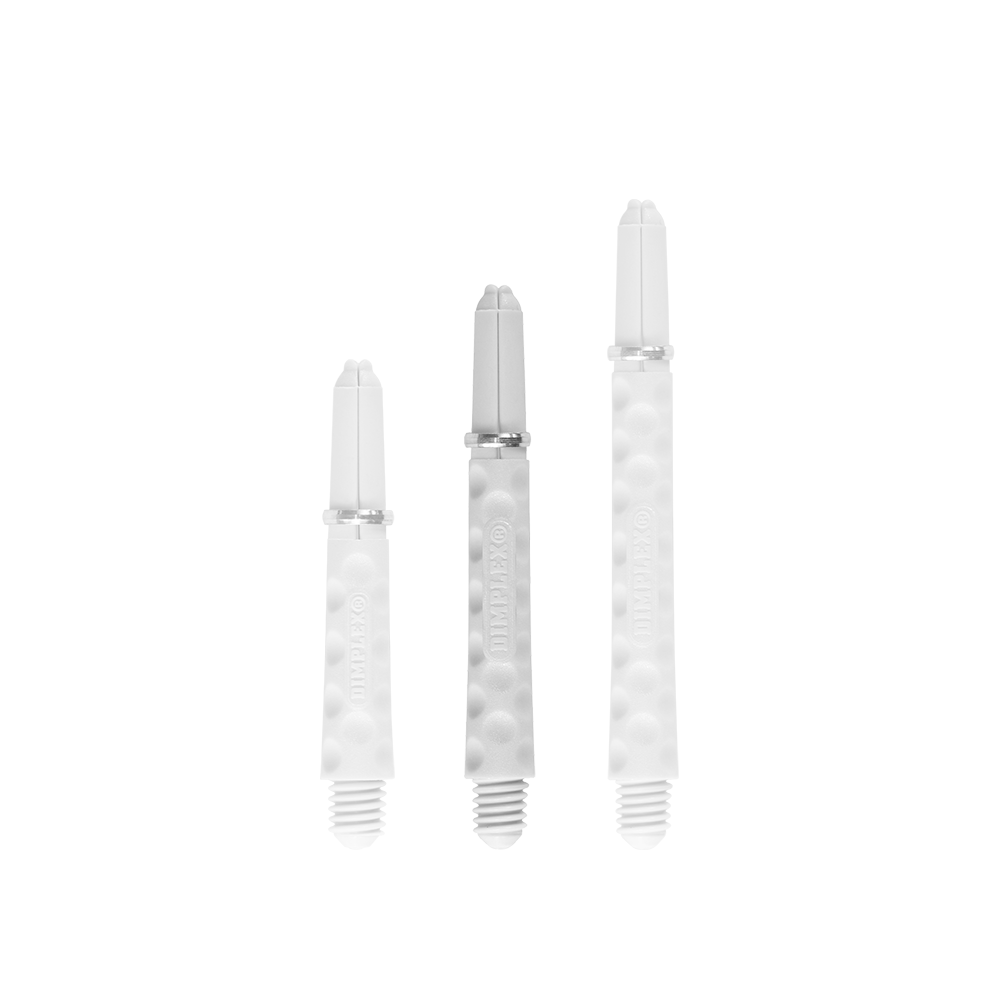 Harrows Dimplex Shafts - Weiß Auf dem Bild sind drei weiße Dartschäfte in unterschiedlichen Längen zu sehen. Sie haben eine strukturierte Oberfläche mit kleinen Vertiefungen und jeweils einen Metallring.