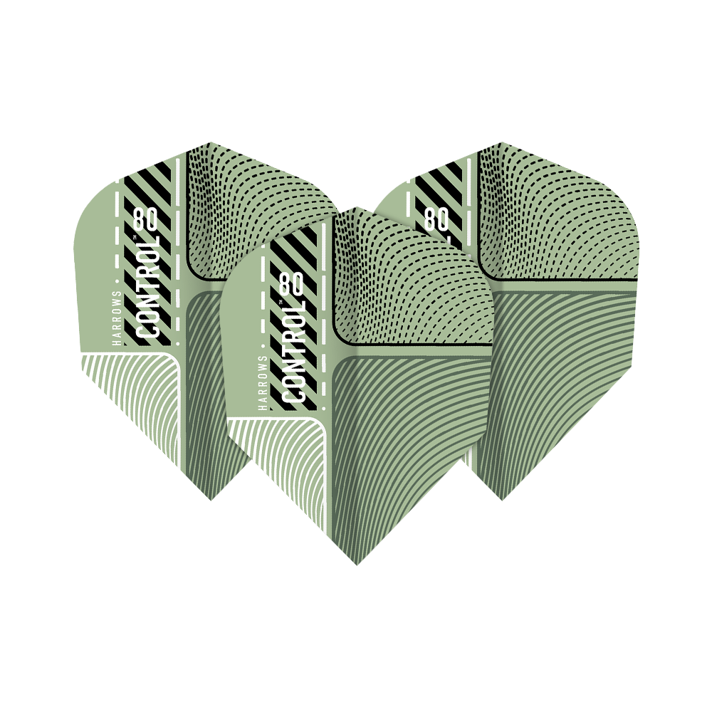 Vuelos de control principal de Harrows nº 6 Das Bild zeigt drei Harrows Prime Control No6 Flights für Darts. Die Flights haben ein modernes, grünes Design mit grafischen Mustern und dem Aufdruck "Control 80".